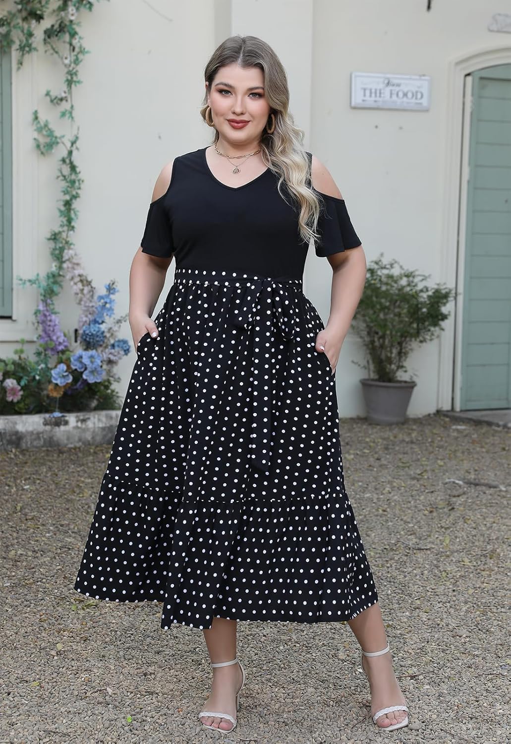 Celkuser Plus Size Summer V Neck Casual Cold Shoulder Floral Boho Dress for Women Empire Waist Cozy Sundress with Pocket - Image 3