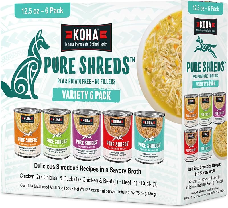 Ração úmida para cães KOHA Pure Shreds, sabores variados, pacote com 6
