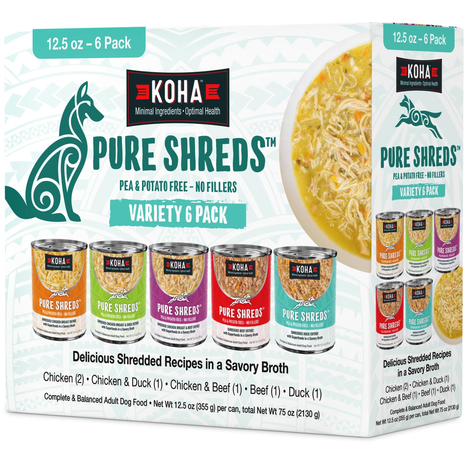 KOHA Pure Shreds Dog Variety Pack, High Protein Wet Dog Food- 5 Flavors - Beef, Duck, Chicken & Duck and Chicken & Beef Food for Dogs - 12.5oz Cans,