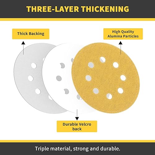 Miniatura 3 de Paquete de 250 discos de lija de 5 pulgadas con 8 agujeros de gancho y bucle, papel de lija de órbita aleatoria 180Grit