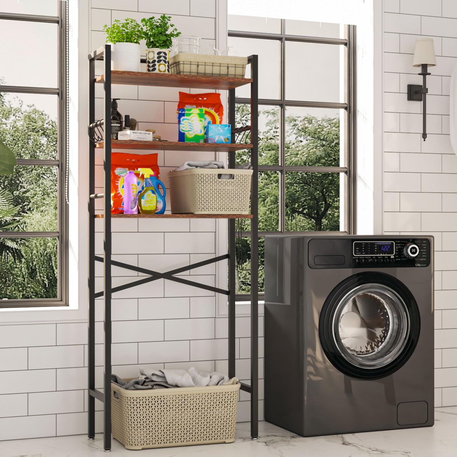 YMYNY Estantería de Inodoro, Estantería para Baño de 3 Niveles con Soporte para Papel Higiénico, Estante de baño, Estante de Almacenamiento, Ahorro de Espacio, 64×24×165CM Marrón Rústico HBR005H