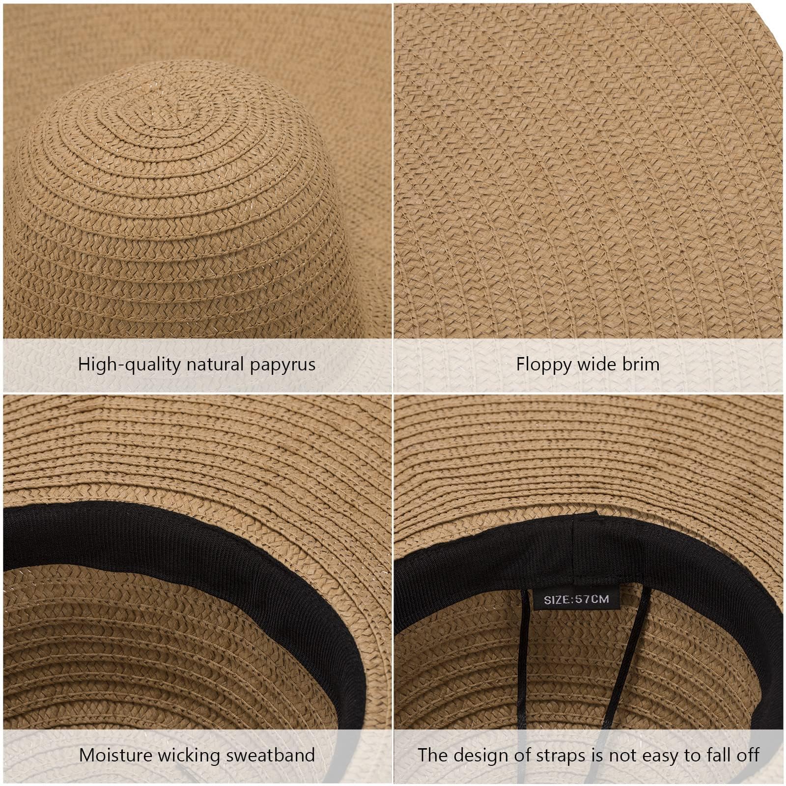 Cappello da Sole Donna, Moda Cappello di Paglia Pieghevole Tesa Larga Sovradimensionato Protezione UV Traspirante Cappelli da Spiaggia per l’Estate Viaggio Cachi
