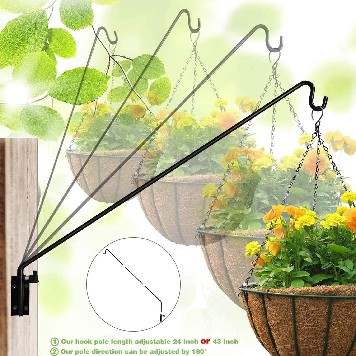 mixxidea 2 packs heavy duty extended reach wall mounted deck hook wall pole, wall bracket direction and length adjustable plant bracket for bird feeders, planters, suet baskets, lanterns, wind chimes 43in long wall mounted hook-2 packs