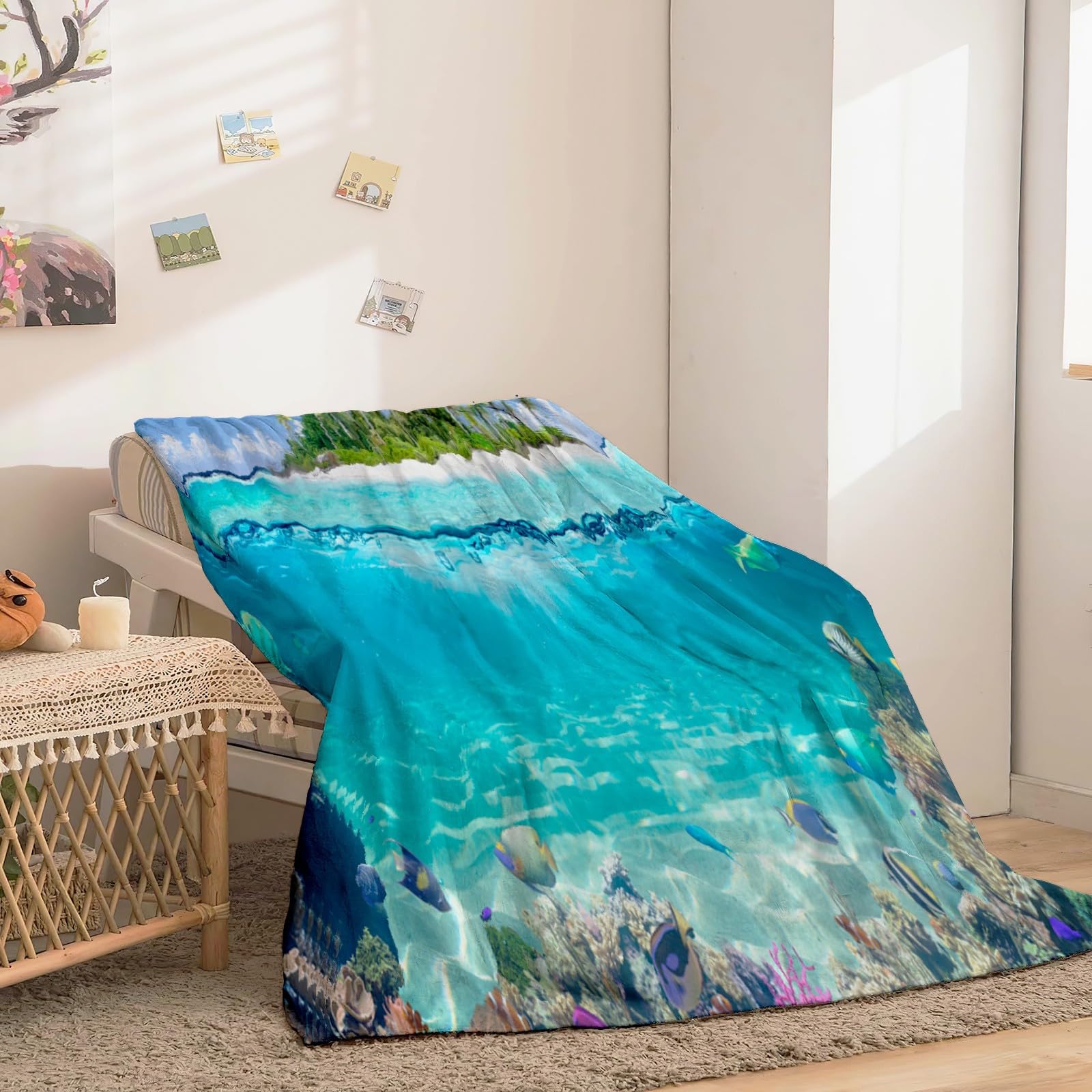 Couverture Douillette 180x200 Cm - Flanelle Microfibre 300GSM - Imprimé Océan Bleu Foncé - Pour Canapé, Lit, Voyage - Réversible - 4