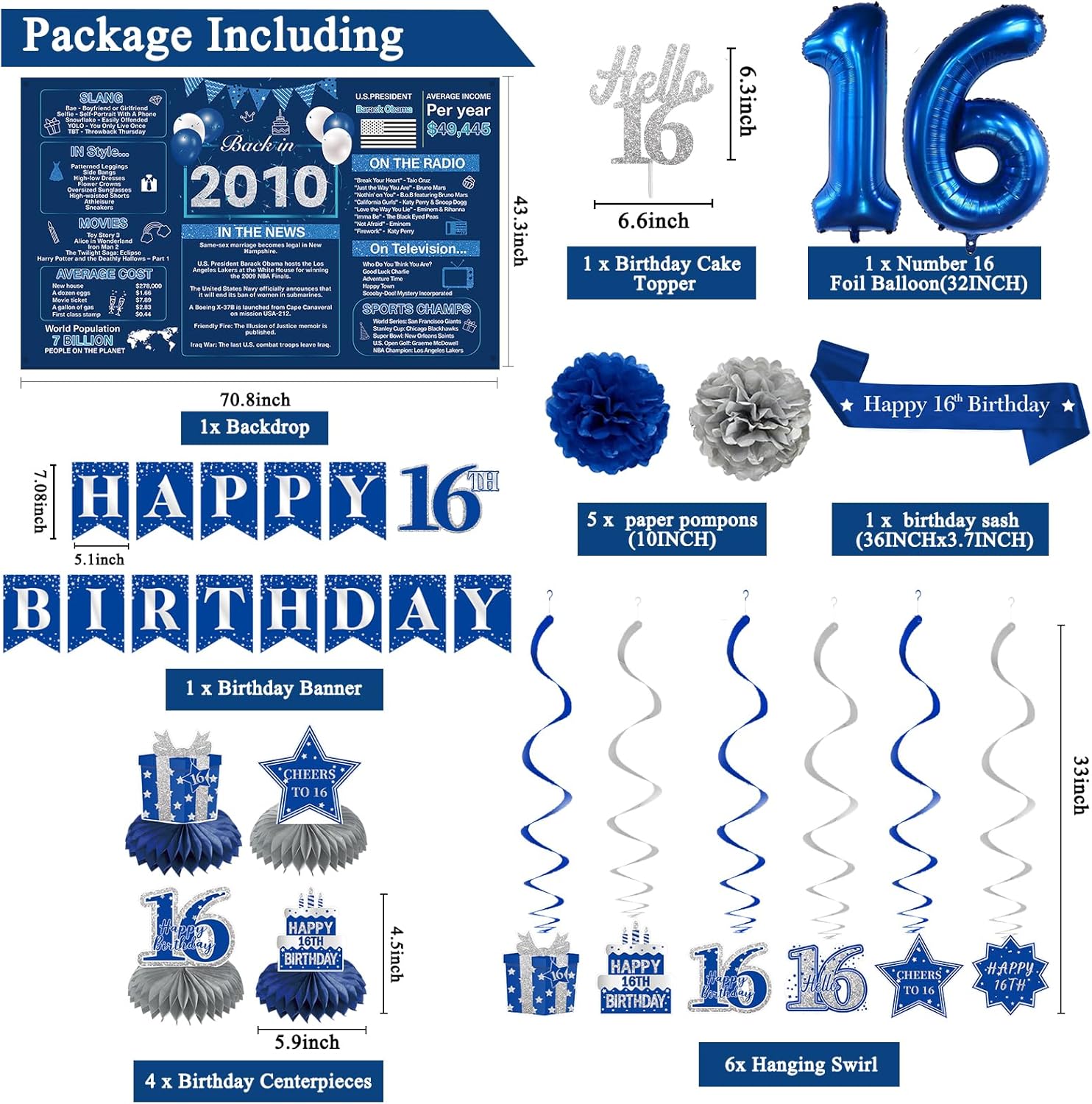 Crenics Blue 16th Birthday Decorations for Boys Girls - Back in 2010 Backdrop, Banner, Swirls, Centerpieces, Sash, Paper Pom Poms, Cake Topper and Balloons for 16 Birthday Party Supplies - Image 2