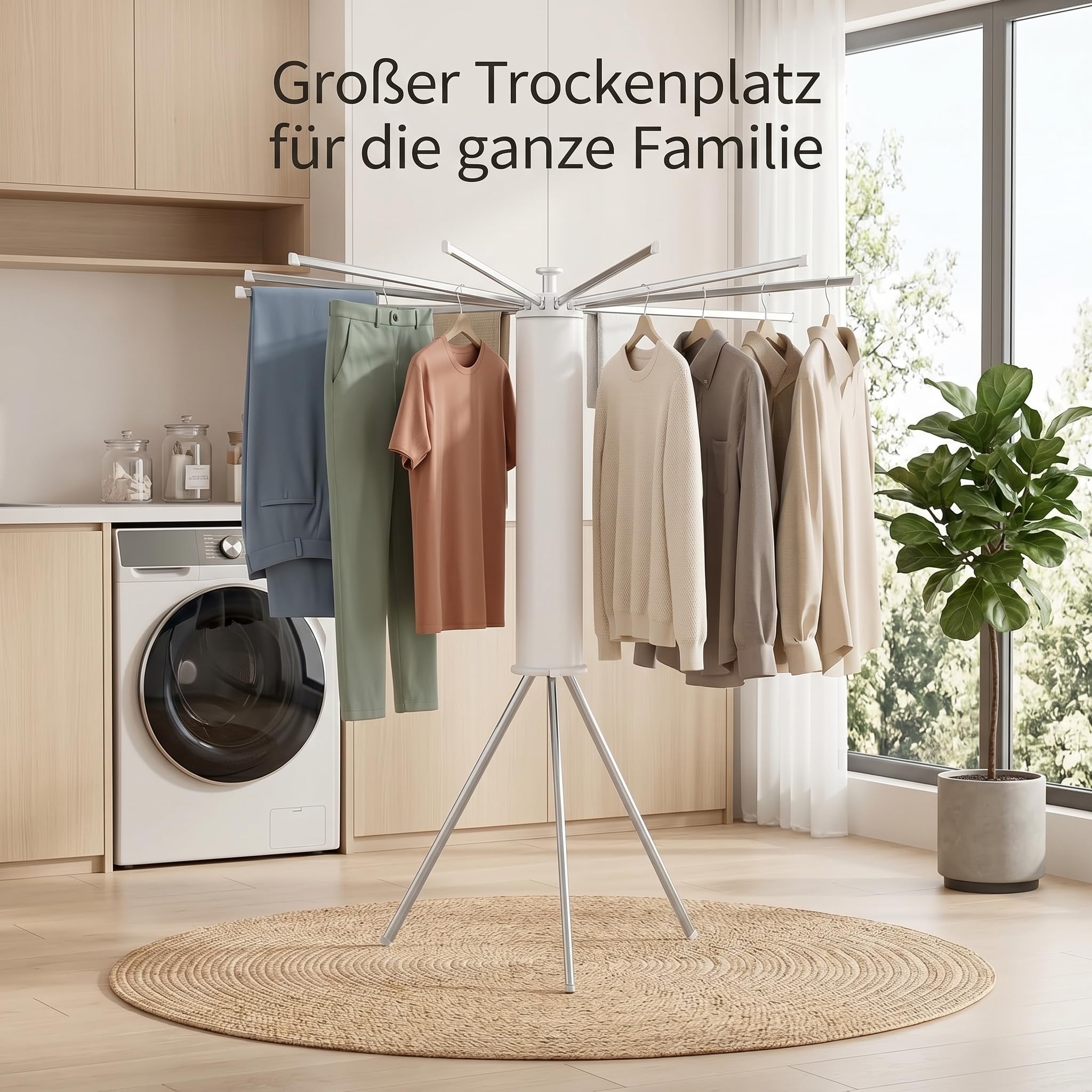 Wäscheständer Ausziehbar Platzsparend Klappbar - 360° Drehbarer Standtrockner für Balkon Badewanne Camping, 16 Armen Wäschespinne Hoch, Kleiner Kleiderständer Wäschetrockner