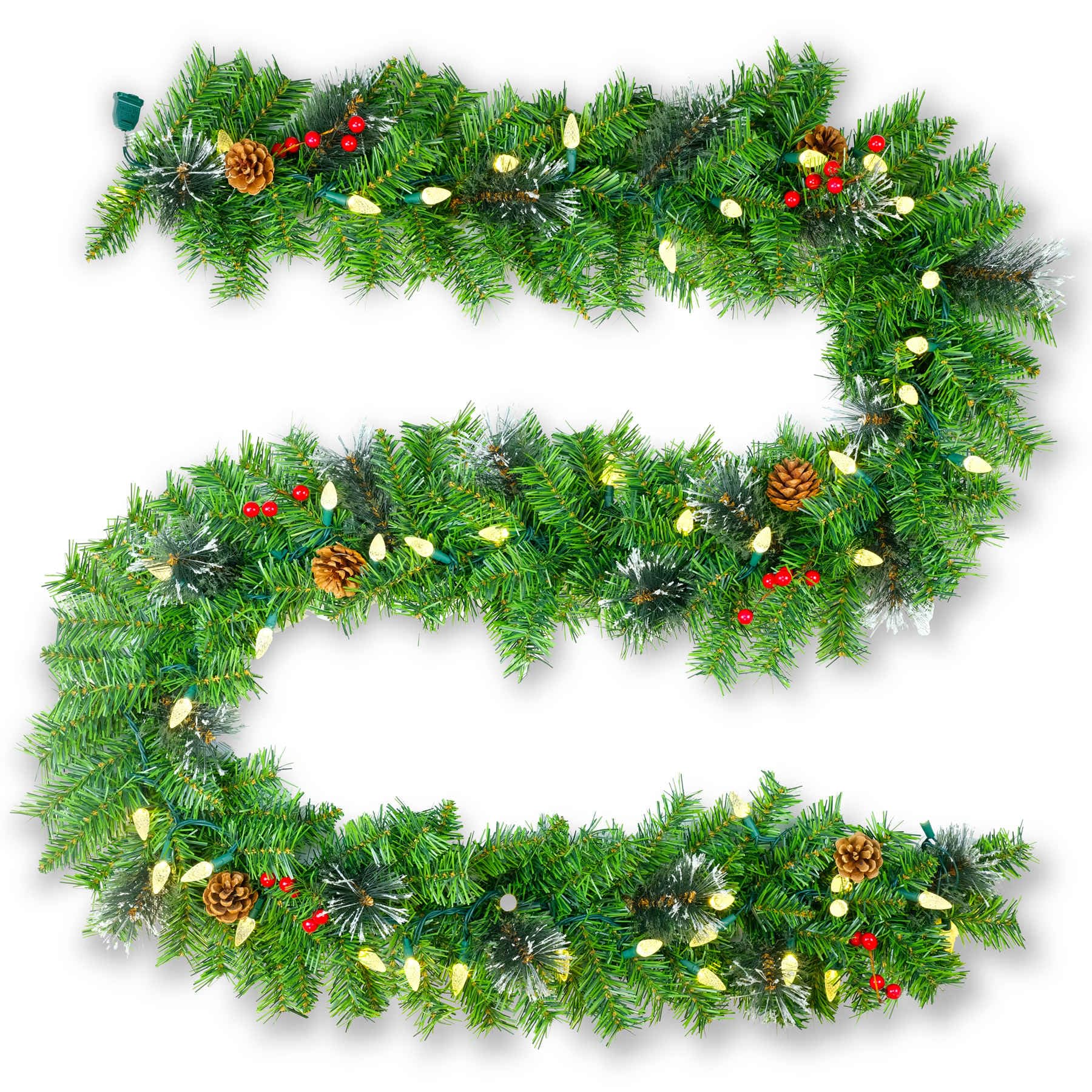 YULETIME 9 Feet Christmas Garland with 50 Count Warm White Strawberry Lights, Lighted Artificial Garland with C6 LED String Lights, Snowy Flocked Pine Needles, Red Berries, Pine Cones (Warm White C6)