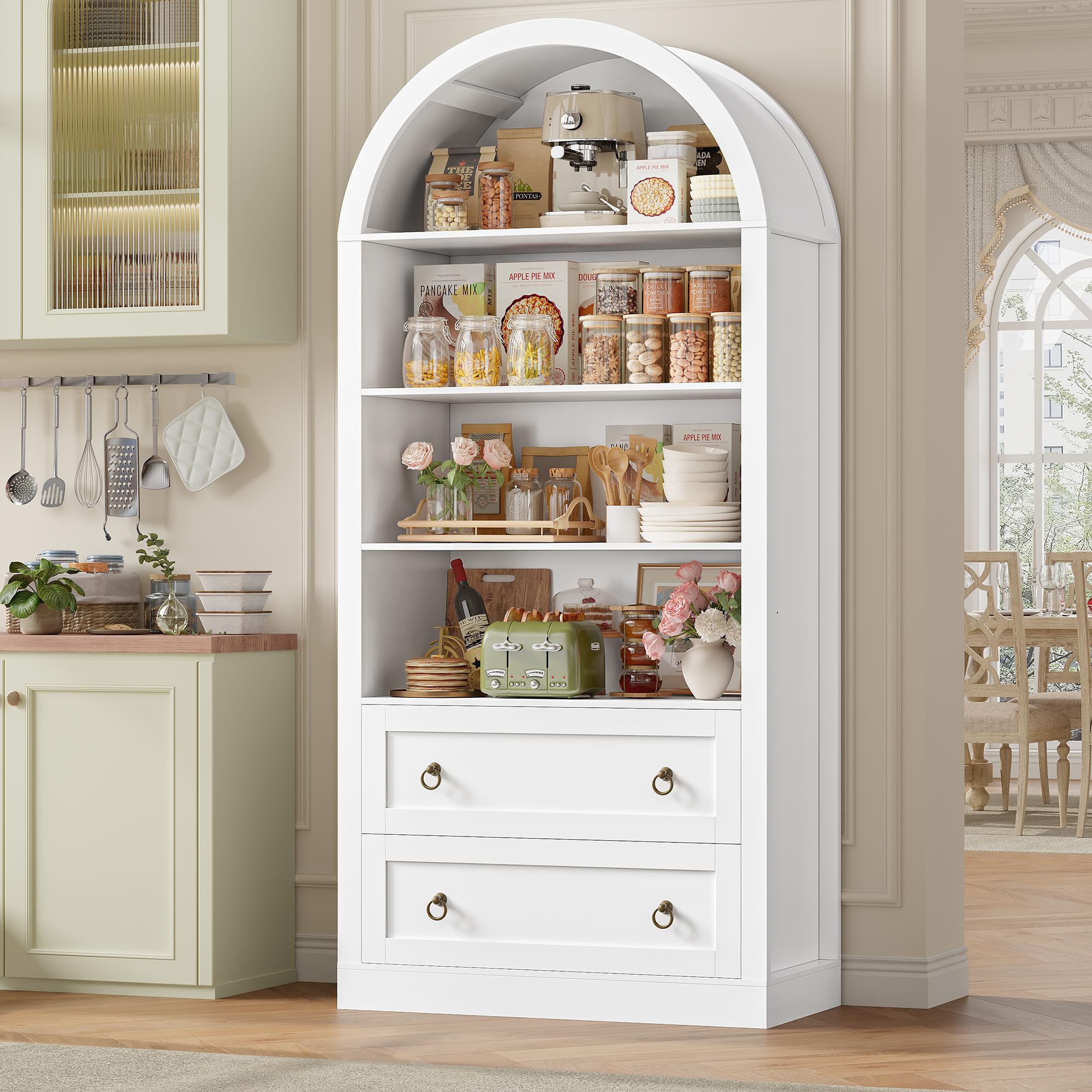 FirFurd 177 cm Libreria Verticale, Libreria ad Arco a 2 Cassetti, Vetrina Espositiva con 4 Scomparti Aperti, Scaffale ad Arco, per Soggiorno, Studio, Ufficio, Cucina, 79,5x36x177 cm (Bianco)