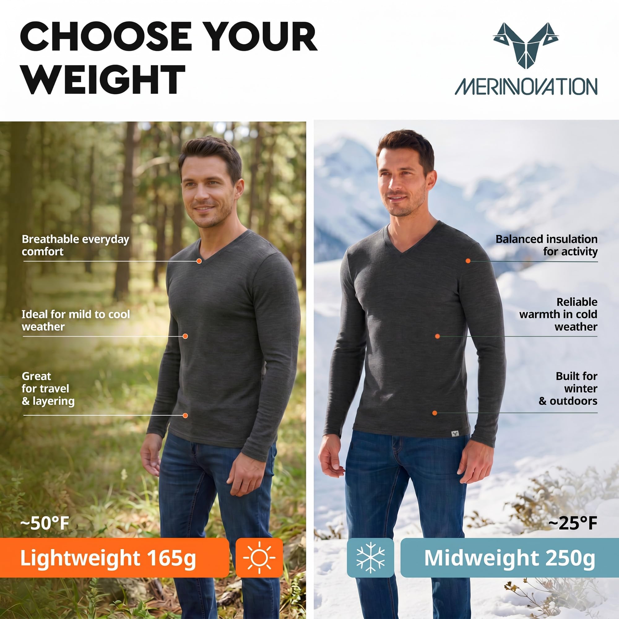 MERINNOVATION Camiseta térmica de lana merino para hombre, 100 % lana merino, manga larga