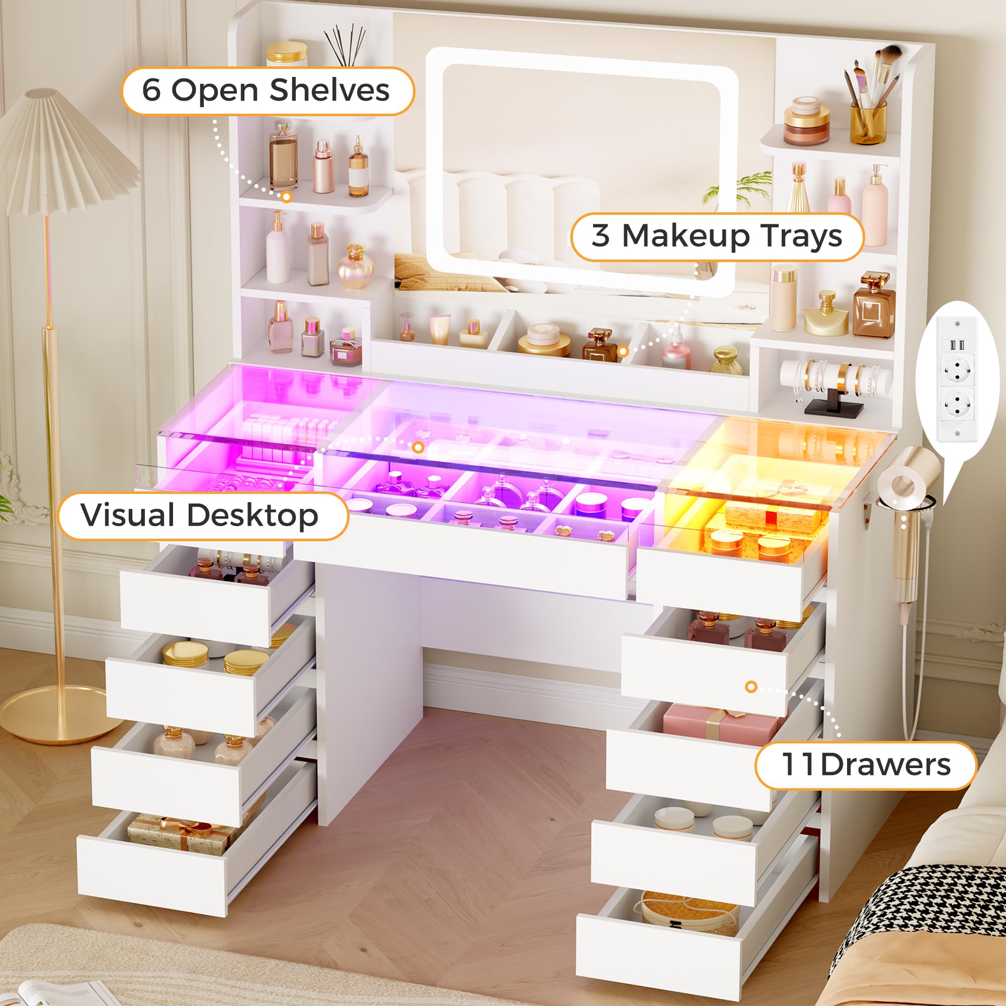 BEWISHOME Coiffeuse avec Miroir LED et Éclairage RGB, Coiffeuse avec Plateau en Verre, 11 tiroirs RGB, 6 Étagères, Table de Maquillage avec Pris, Grande Coiffeuse Moderne pour Chambre, Blanc EFST57W