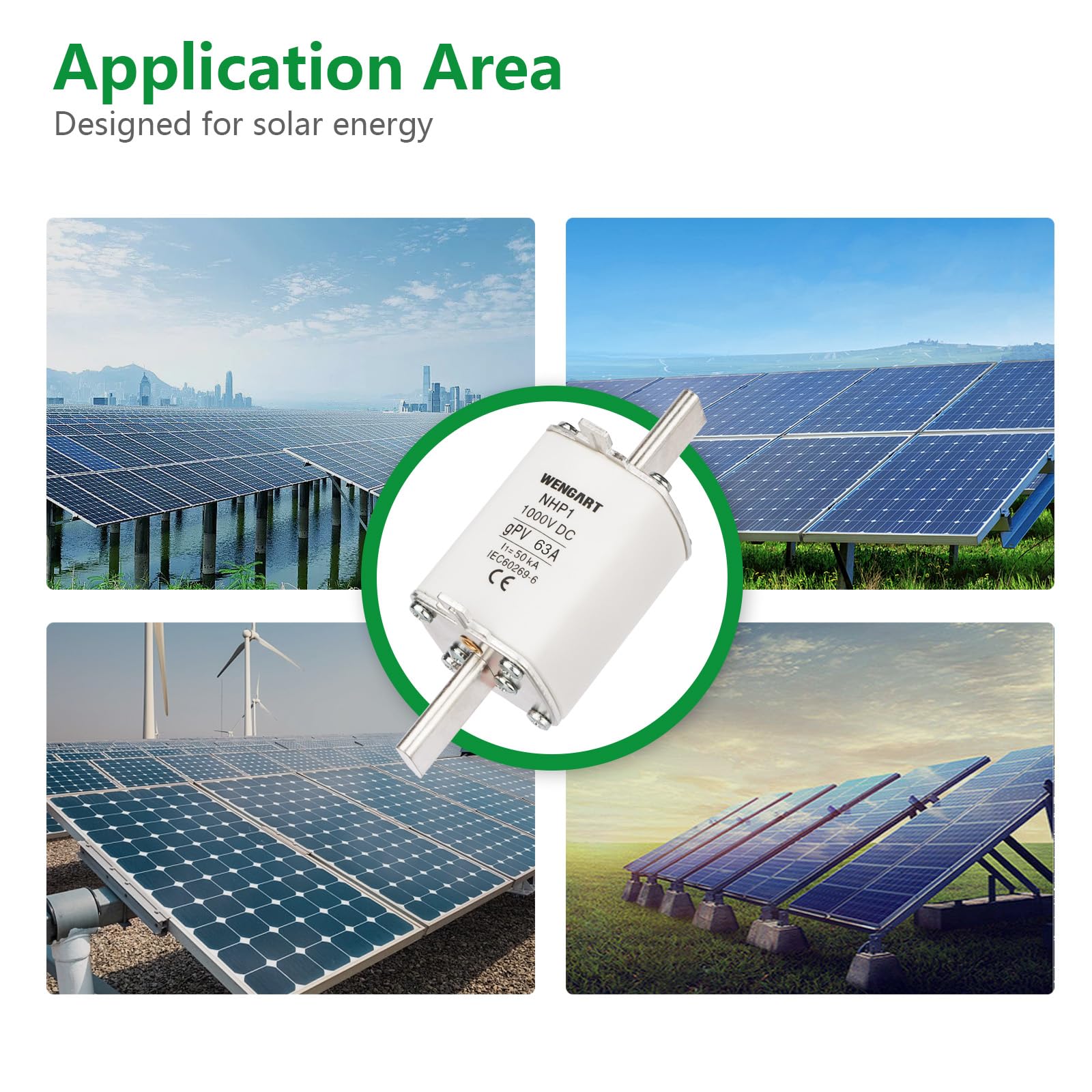 Wengart 3 Pezzi Fusibile DC NH1 gPV 63A 1000V, Protezione Fotovoltaica a Coltello per Inverter e Batterie, Potere di Interruzione 50kA, Classe gPV per Impianti Solari, NHP1