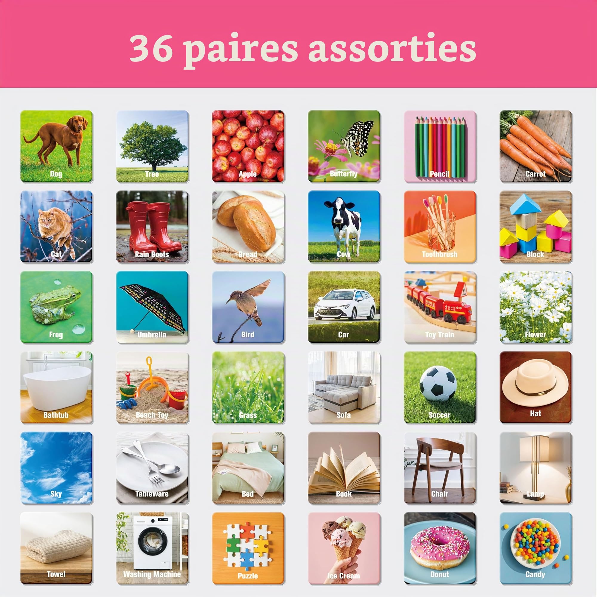 Hebayy Jeu de Mémoire de 72 Pièces avec des Articles du Quotidien, 36 Motifs de Cartes Mémoire d'Objets du Quotidien, Jeu de Correspondance d'Images Stimulant, Jouets Éducatifs d'apprentissage