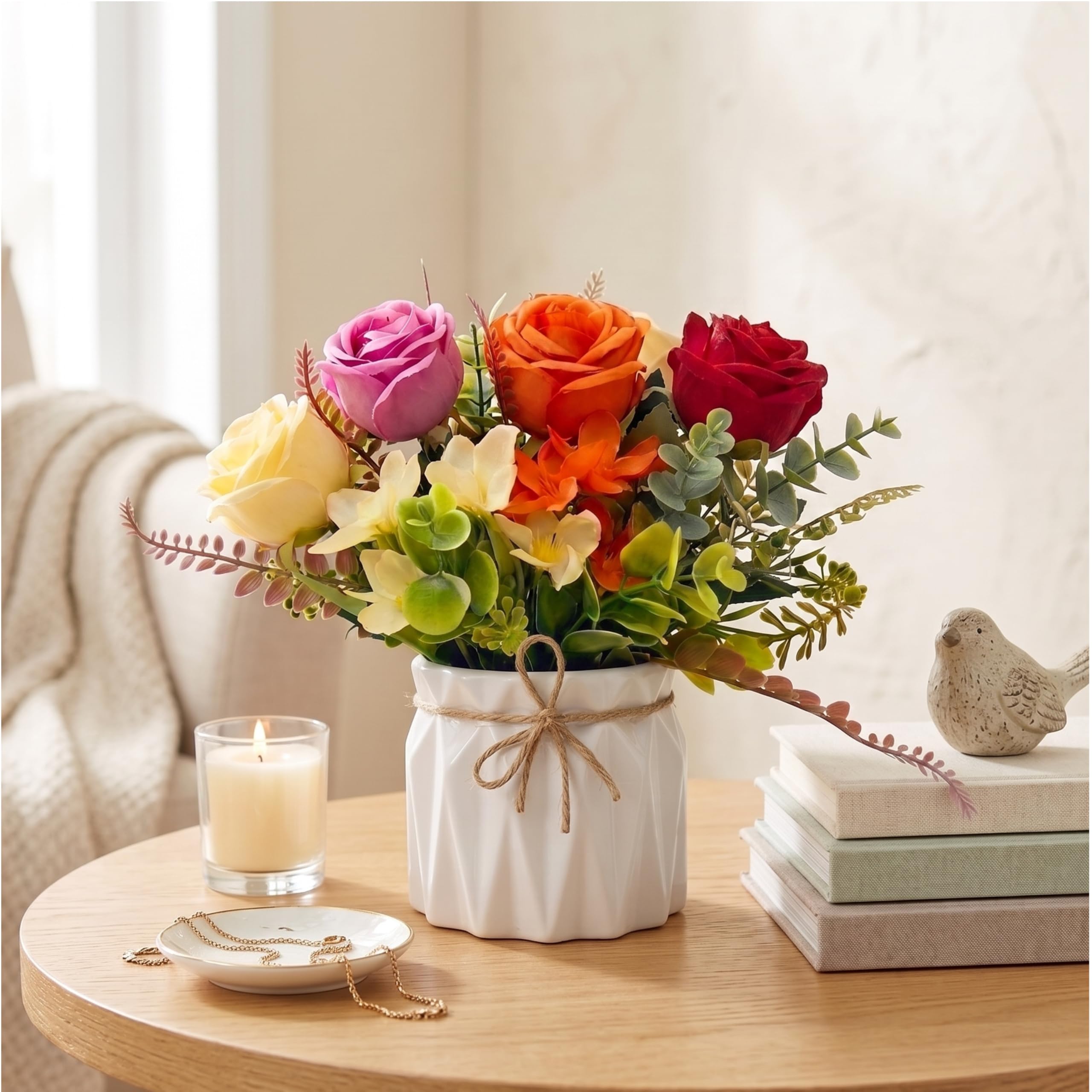 Dekorly Artificial Lavender Plant in White Pot, 18cm – Realistic Faux Flower Arrangement for Home & Office Décor (Set of 1) (1, Multi Colour Roses)