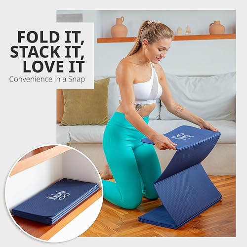 Miniatura 3 de Tapete de yoga plegable + bolsa de transporte + 2 bloques de yoga, tapete de entrenamiento de 7 pliegues de 0.236 in, fácil de almacenar,
