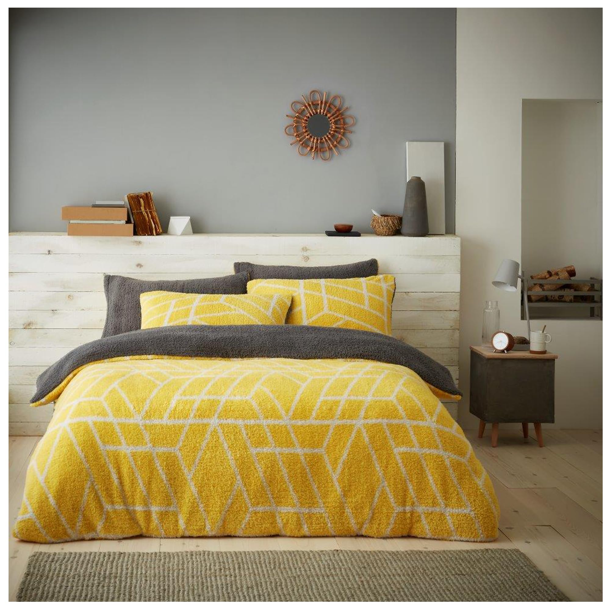 Lions Ochre Teddy Reversible Bedding Set - Fluffy Thermal Warm Cosy Fleece Double Bed Duvet Cover With Pillowcase, Soft Sherpa Quilt Covers, Grey, 200X200cm