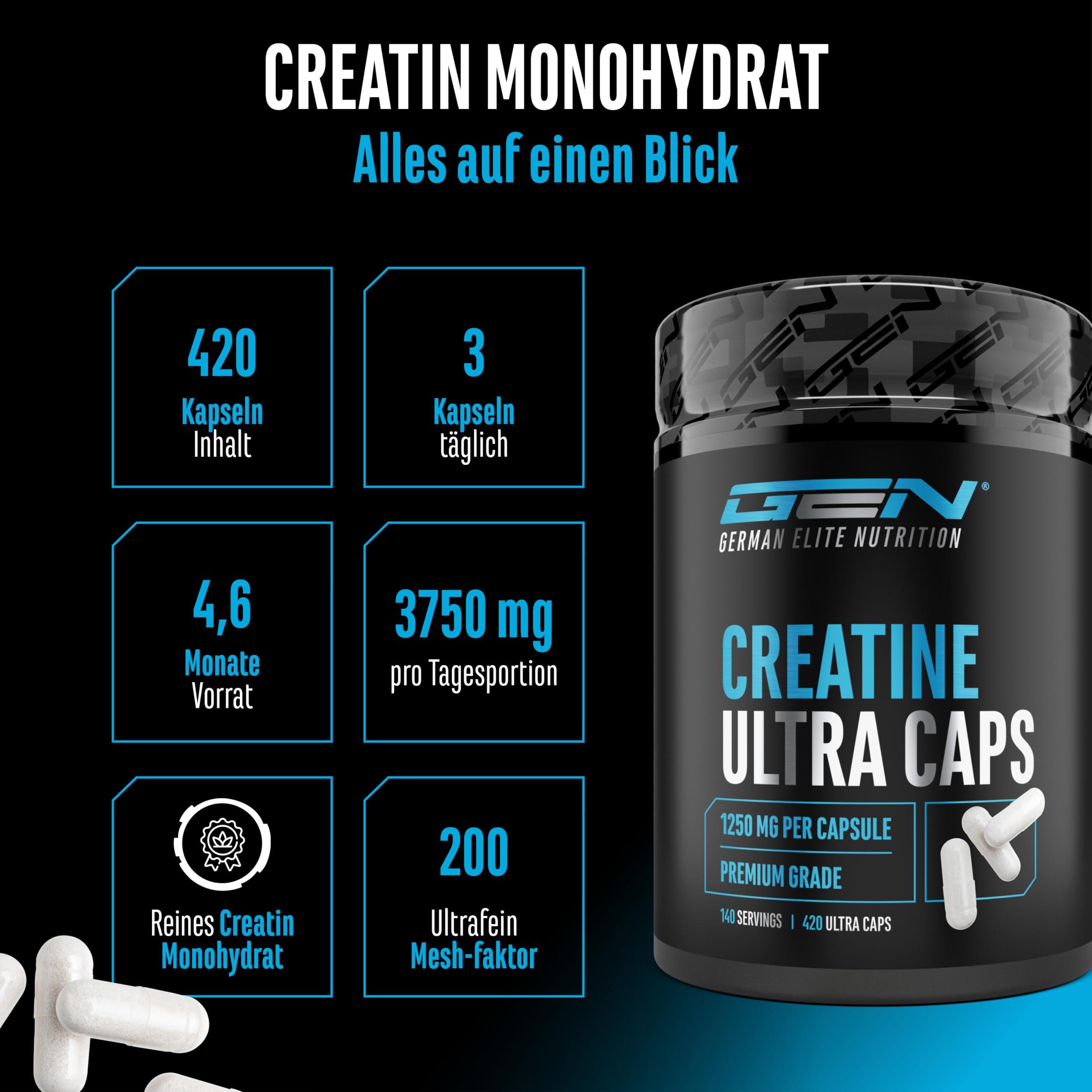 Creatine Ultra Caps - 420 Kapseln mit je 1250 mg reinem Creatin Monohydrat - Premium: Ultrafein + Mesh-Faktor von 200 - Hochdosiert | je 1250 mg reinem Creatin Monohydrat, Premium Mesh-Faktor 200 (ultrafein), hochdosiert