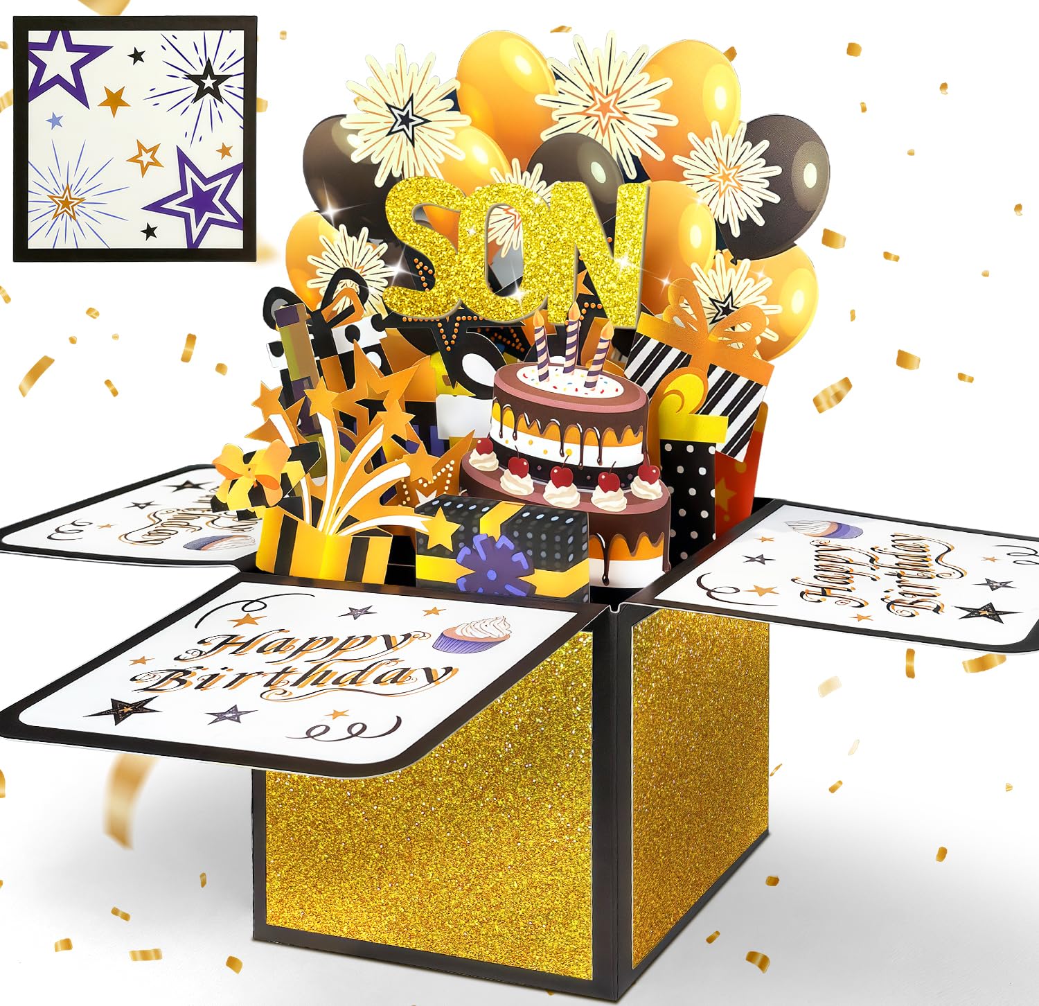 Happivue Son Birthday Card, 3D Black Gold Pop Up Happy Birthday Card for Him, Personalised Gifts for Son from Dad Mum, Boy Greeting Cards for Adult — image 1