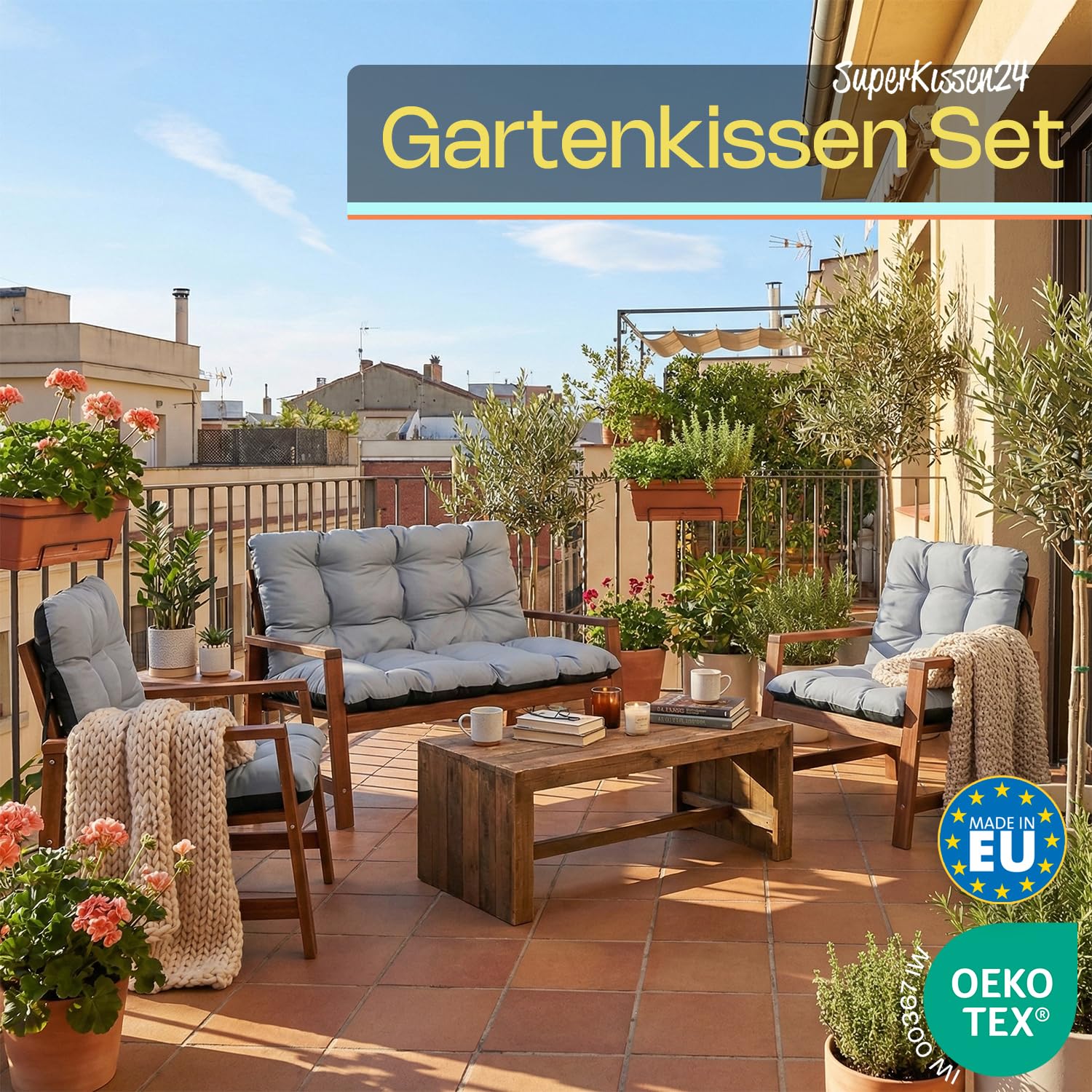 SuperKissen24. Sitzkissen Bankkissen Bankauflage - 100x50 cm und Rückenlehne 100x60 cm mit 2er 48x96 cm Stuhlkissen Set - Outdoor und Indoor - Schwarz