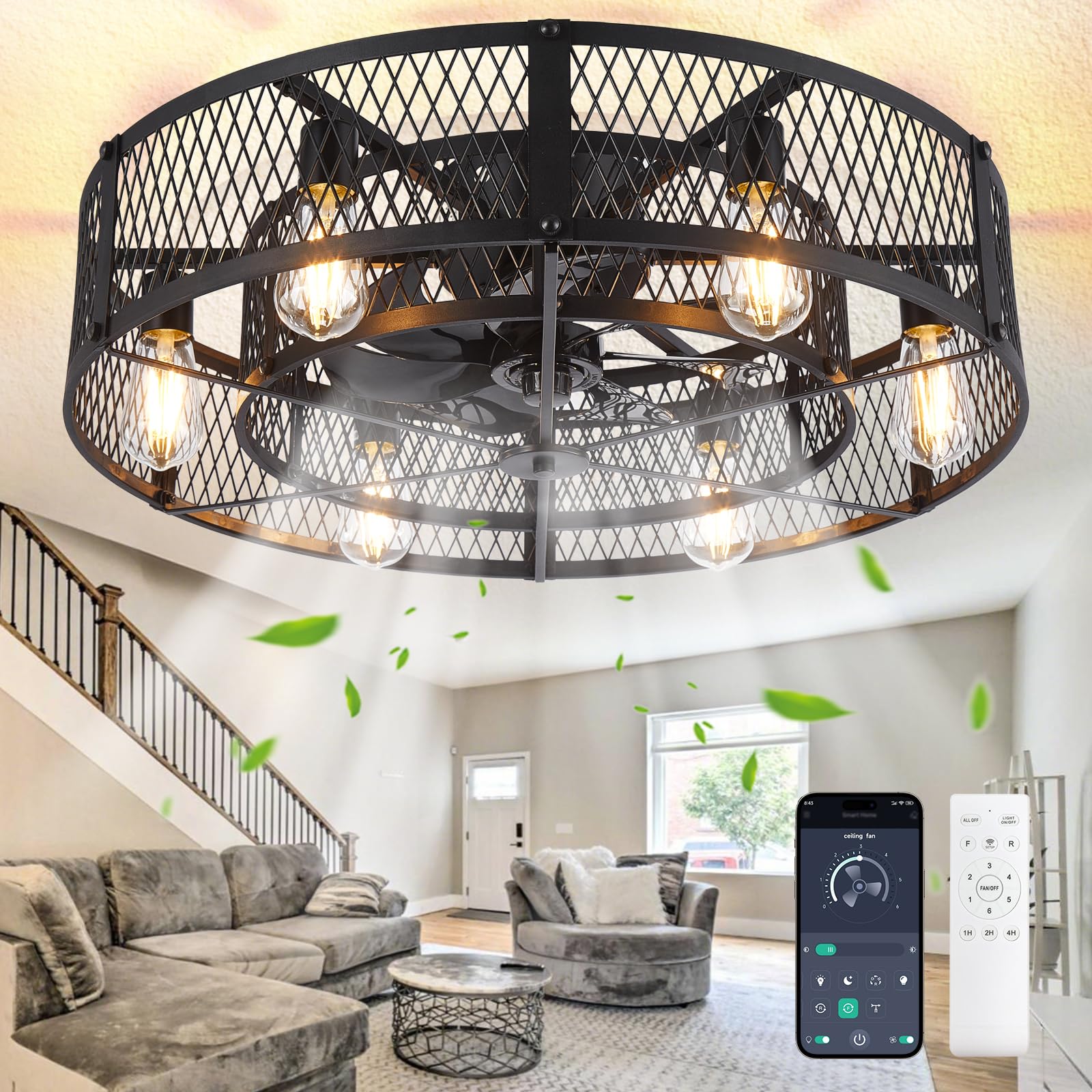 Depuley Flush Mount Ceiling Fan: 26 Inch Low Profile Ceiling Fans with Lights and Remote 6 Speeds Reversible - Caged Fan Light Fixture DC Motor for Bedroom Kitchen Black E26 Bulbs Included