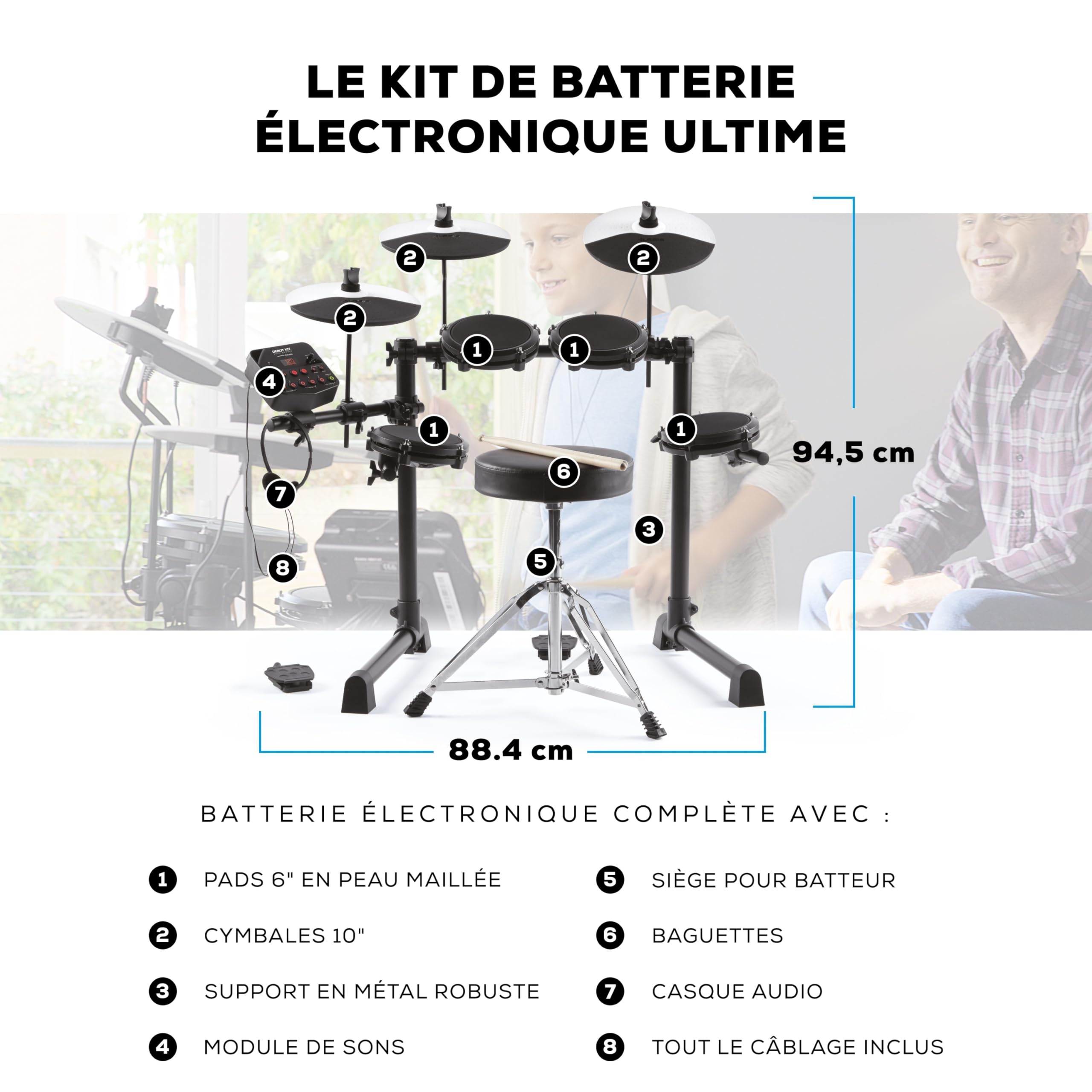Alesis Debut Kit – Kit de batterie électronique pour enfant avec 4 pads en peau maillée, 120 sons, 100 leçons avec siège, baguettes, clé et casque