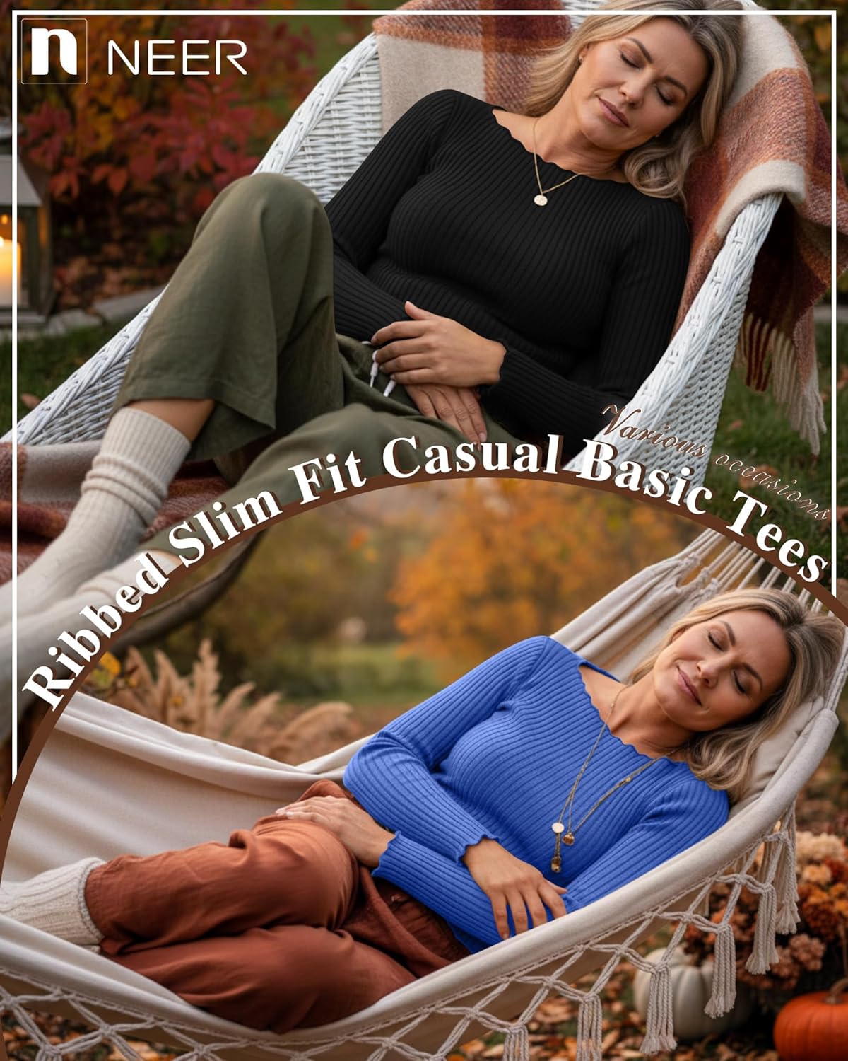 Neer 3 Pack Women's Long Sleeve Cotton Crop Tops Boat Neck Lettuce Trim Ribbed Shirts Slim Fit Casual Basic Tees(Black, Royal Blue, Burgundy,XX-Large) - Image 4