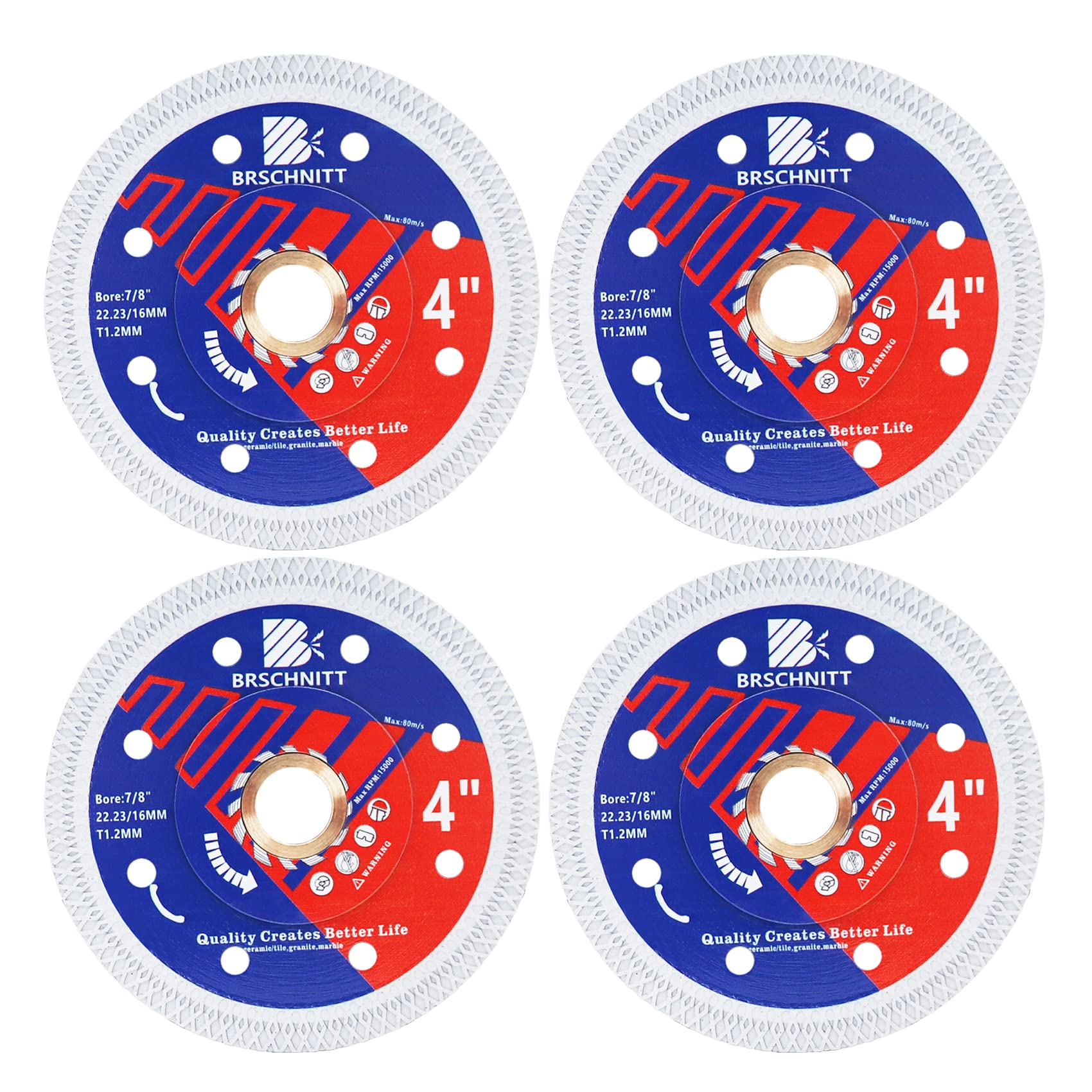Super Thin Diamond Porcelain Saw Blade with X Teeth,BRSCHNITT 4pcs 4 Inch (105mm) Diamond Cutting Disc with Reinforced Core Center for Dry/Wet Cutting Porcelain Tile Ceramic Marble Granite