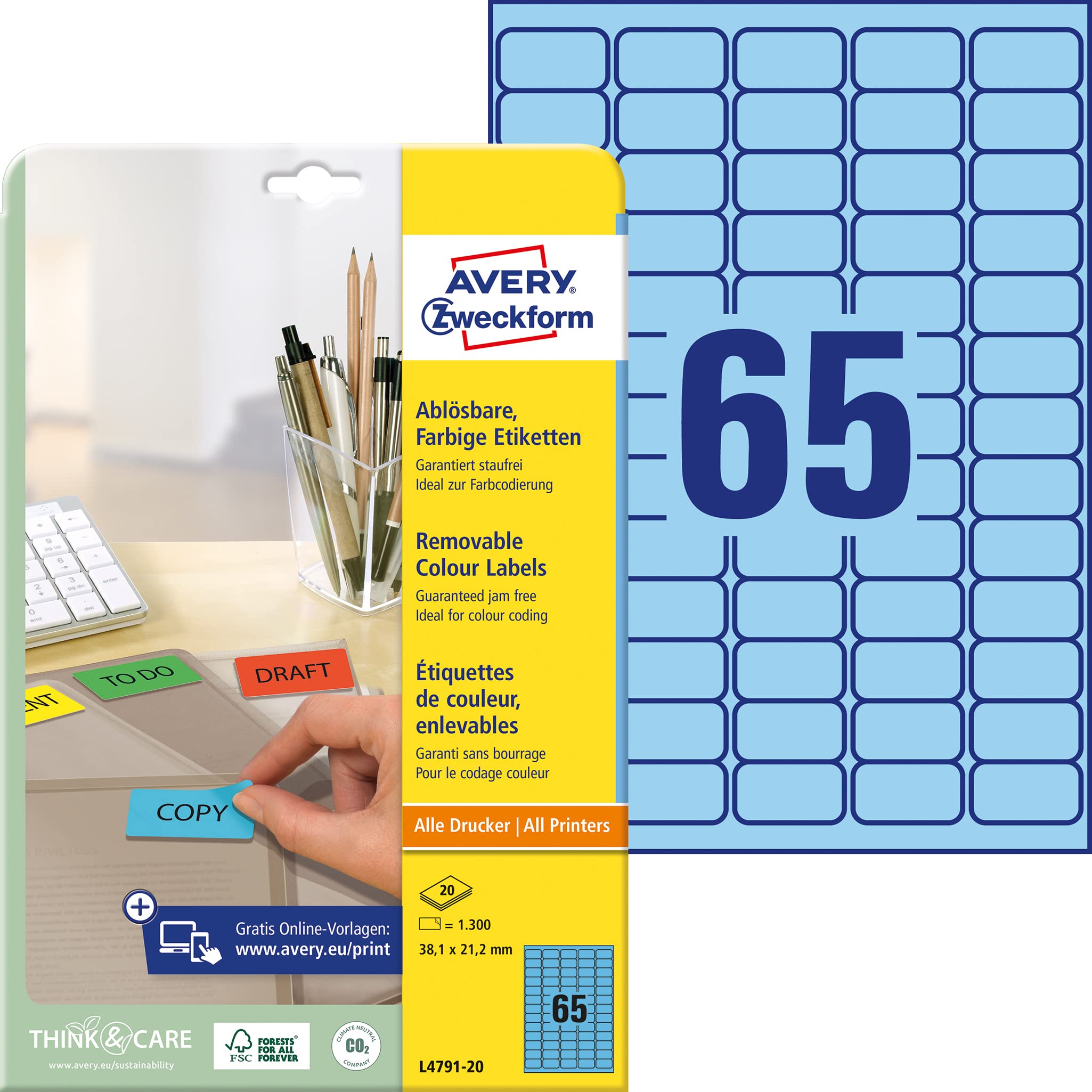 Avery Zweckform Labels 38.1 x 21.2 mm Removable Inkjet/Laser/Copier Blue