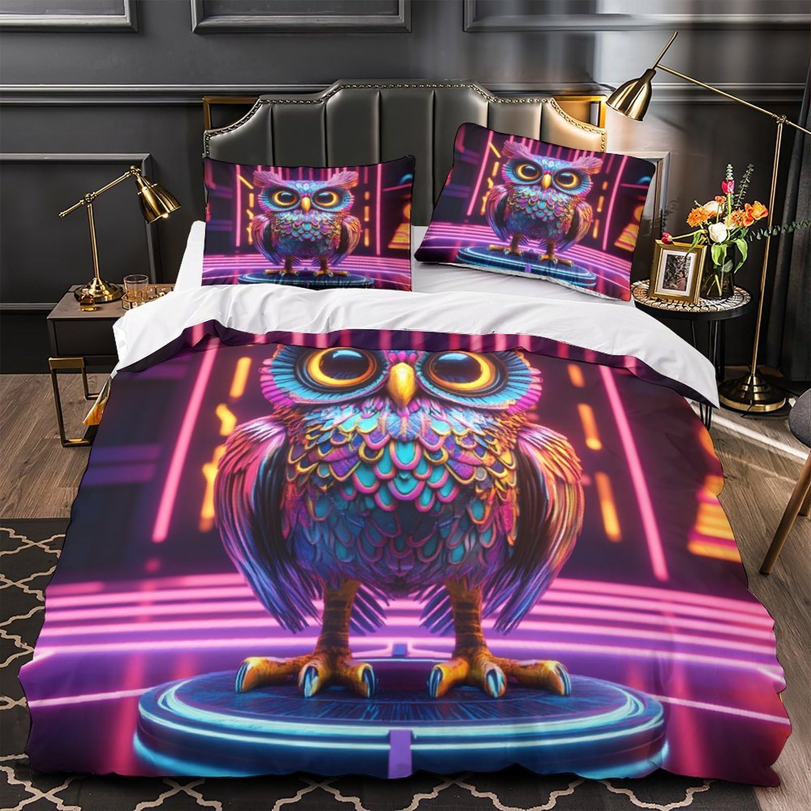 Housse de couette hibou néon 3D Super King 260x220cm avec 2 taies d'oreiller microfibre
