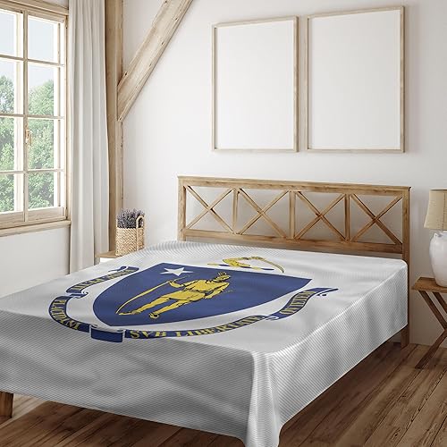 Miniatura 2 de Lunarable American Flat Sheet, Massachusetts Flagg Holds a Bow and Pointing Downward Arrow, Soft and Comfortable Top Sheet Decorative Bedding 1