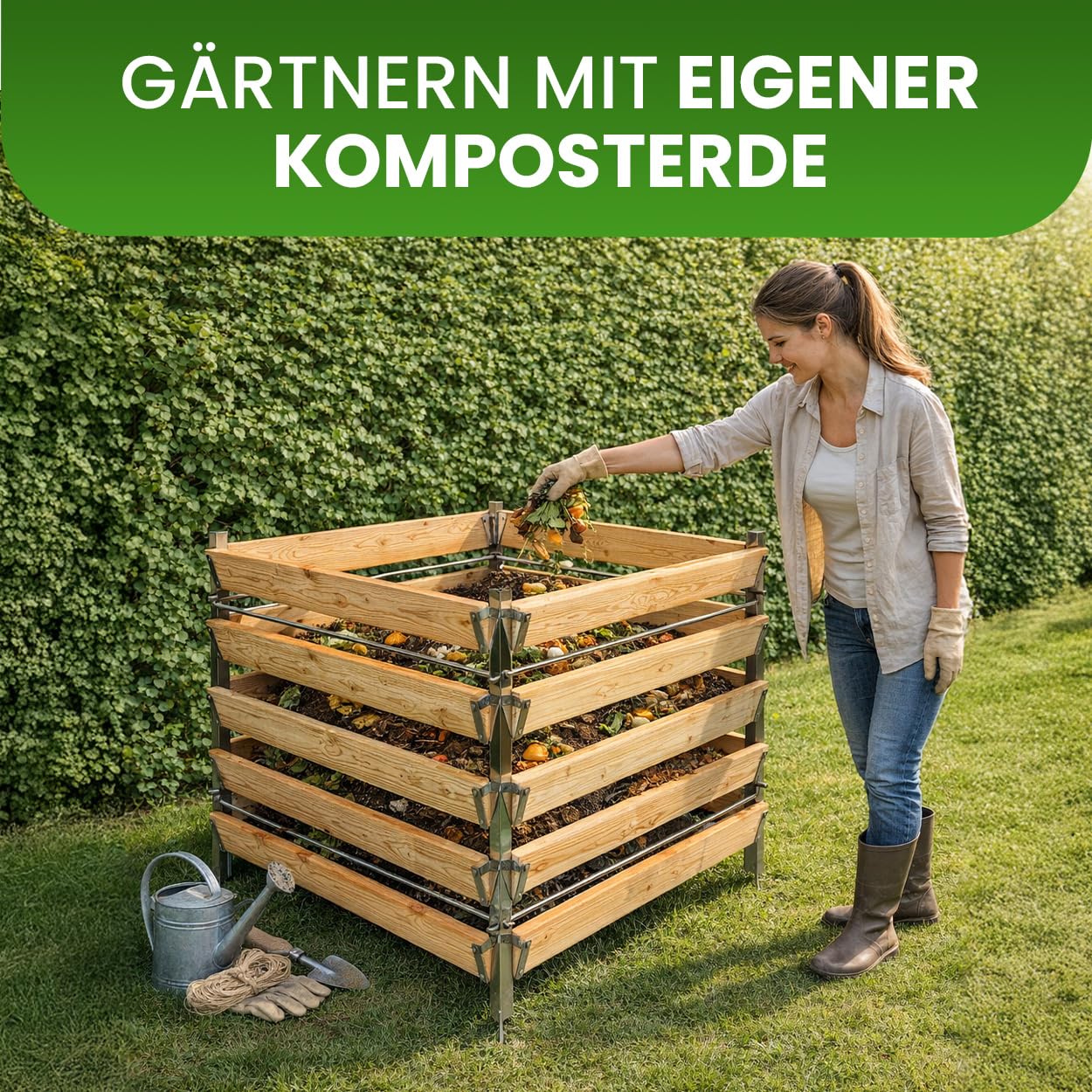 Gartenwelt Riegelsberger Komposter aus Lärche 100x100 cm Höhe 80 cm | Eleganter Komposter Single mit Edelstahlpfosten | Witterungsbeständig, stabil & langlebig