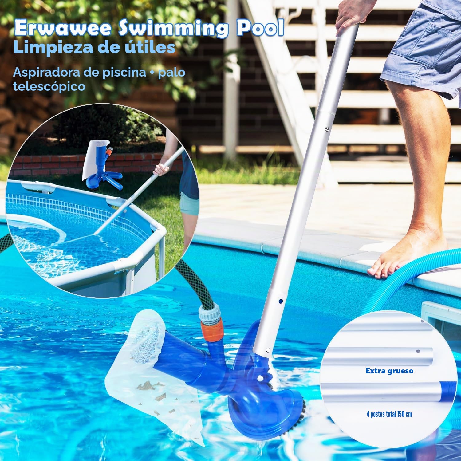 Aspirador para Piscinas Herramientas de Limpieza, Cabezales de Aspiración con 1.5M Mástil Telescópico Desmontable Kit de Aluminio para Bañera de Hidromasaje, Fuente, Cuario, SPA, Estanque