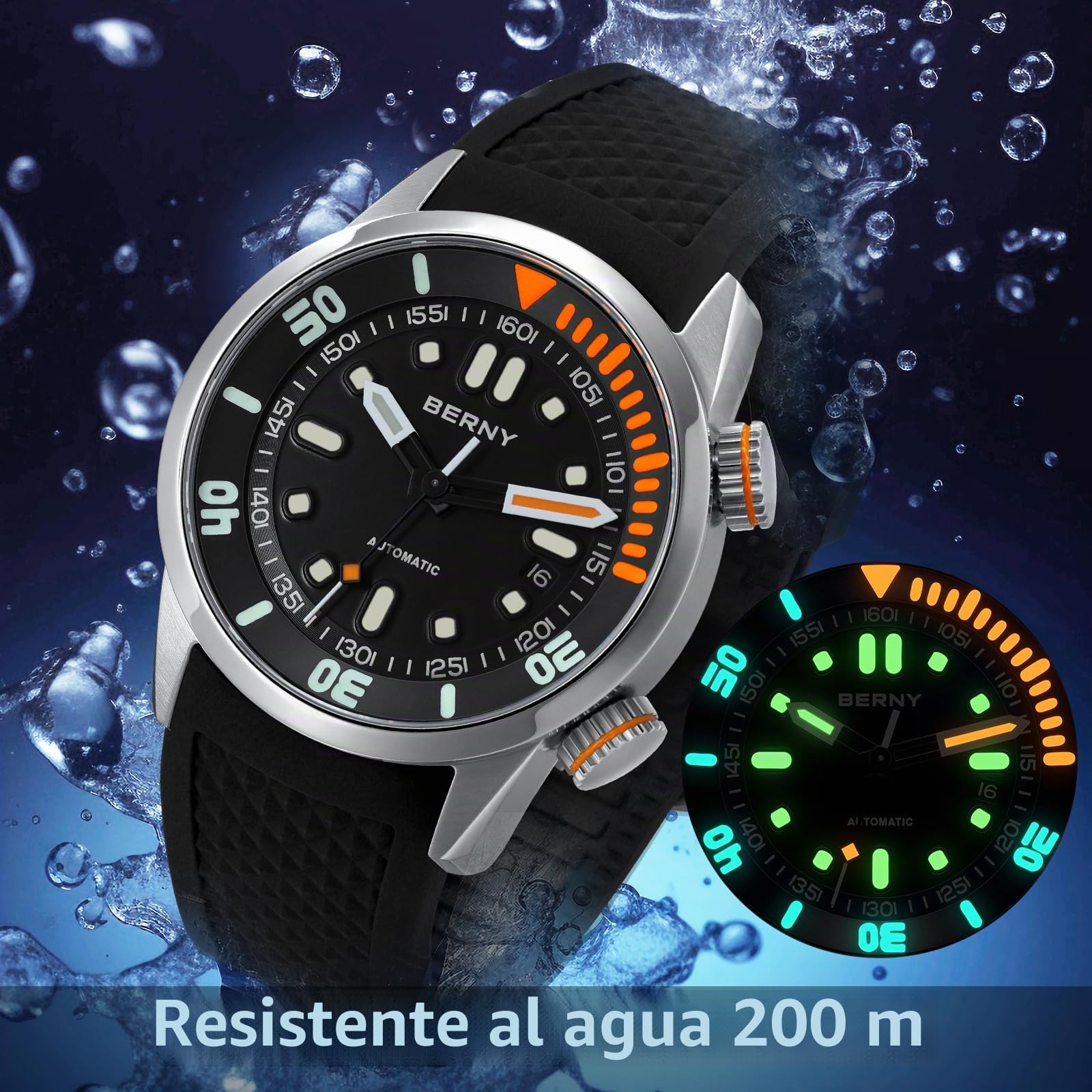 BERNY Reloj De Buceo Hombres 20ATM Movimiento Automático Reloj De Pulsera con Cristal De Zafiro Correa De Silicona Cómoda Super Luminoso