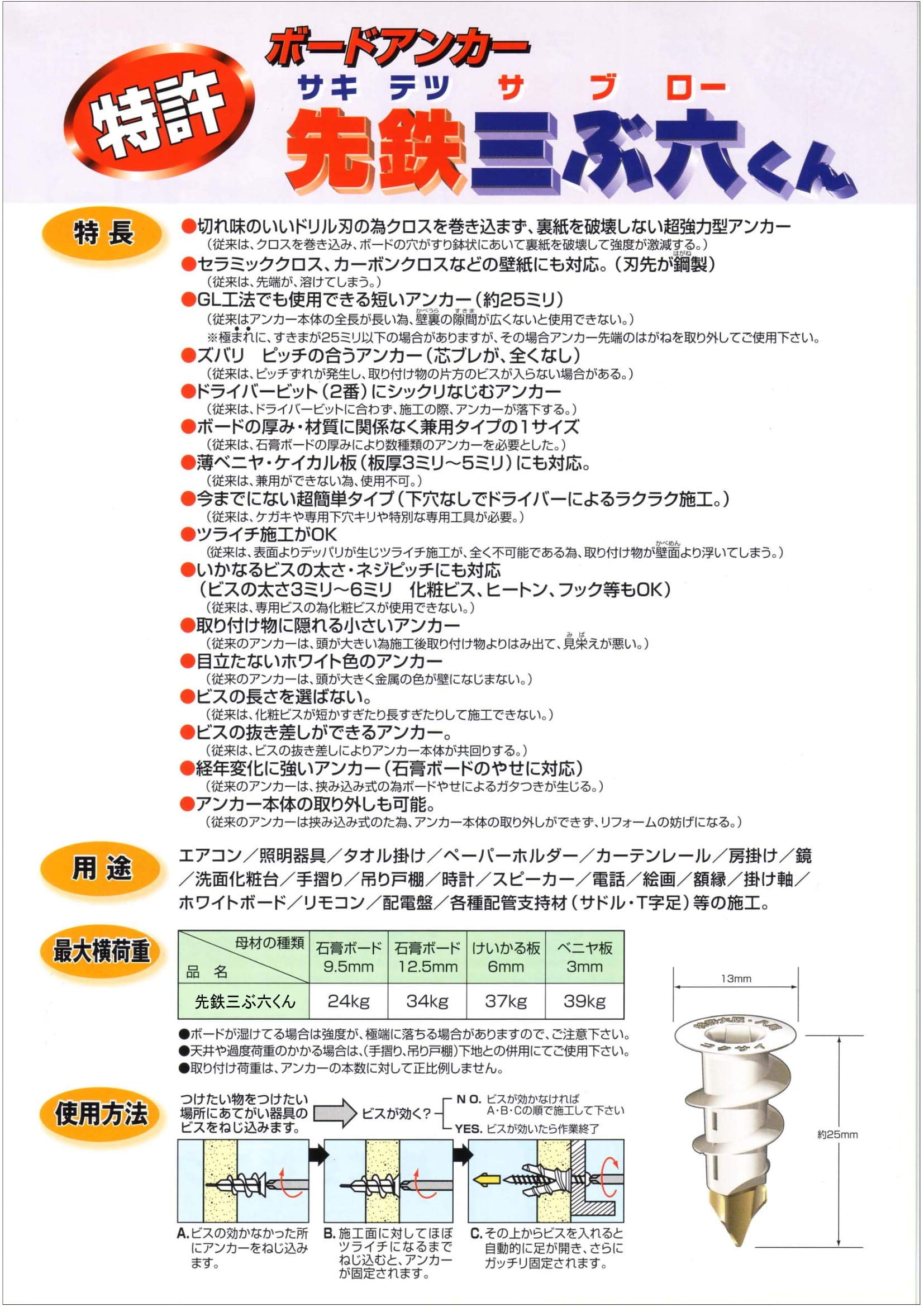 Amazon.co.jp: コクサイ ボードアンカー 先鉄三ぶ六くん (簡易梱包1本 