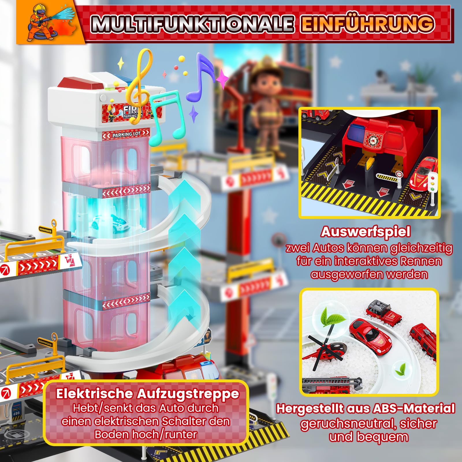 BuzzoXerex 5-stöckige Parkgarage für Kinder, Rennbahn mit 14 Spielzeugautos & 3 Hubschraubern, Parkhaus mit Aufzug, Autorennbahn & Licht‑Sound, Geschenk für Kinder 5–9 Jahre (Brandbekämpfung)