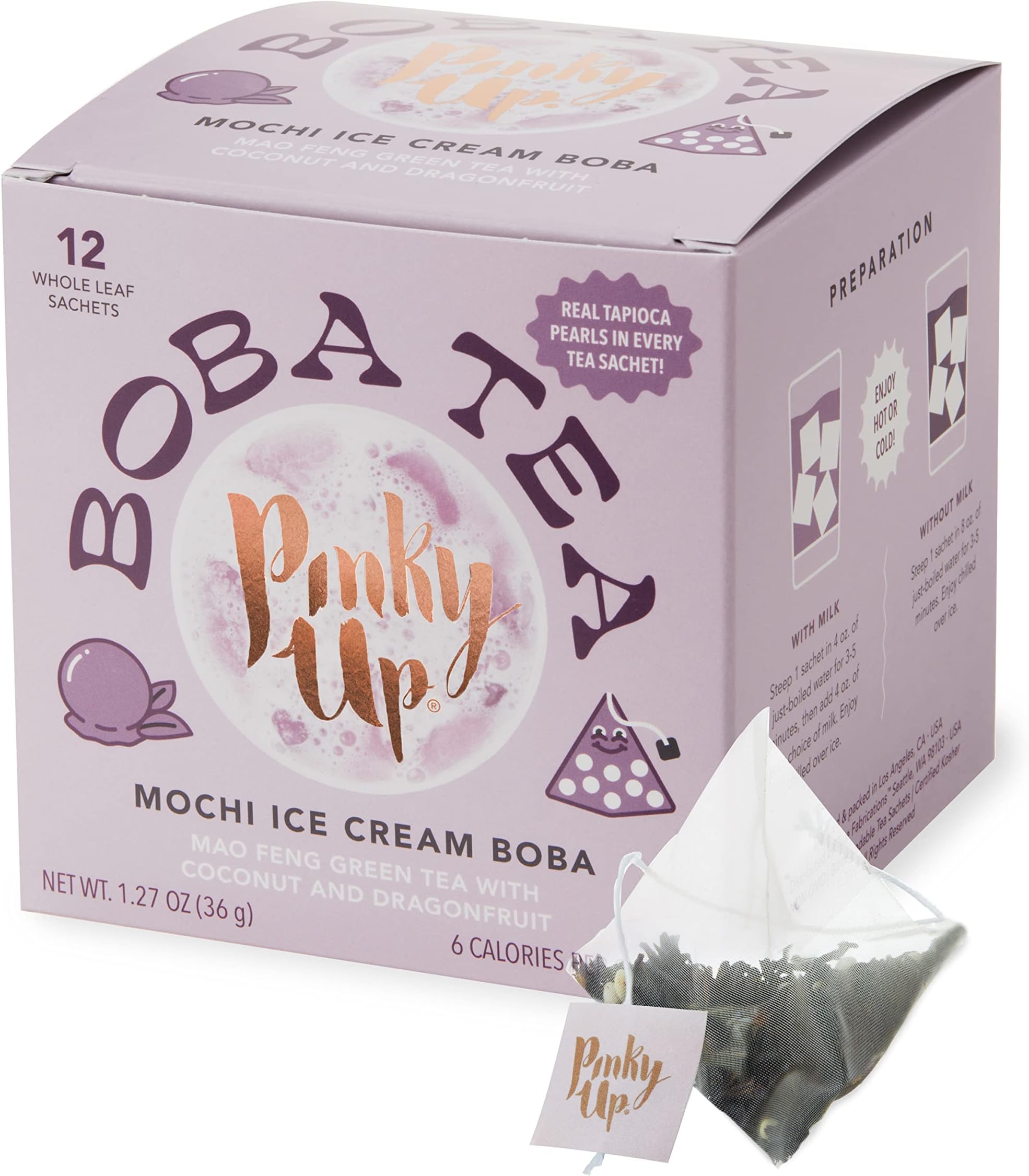 Mochi Ice Cream Boba Tea Sachets - Low calorie Whole Leaf Green Tea Bubble Tea - Boba Gift 12 Biodegradable Tea Bags