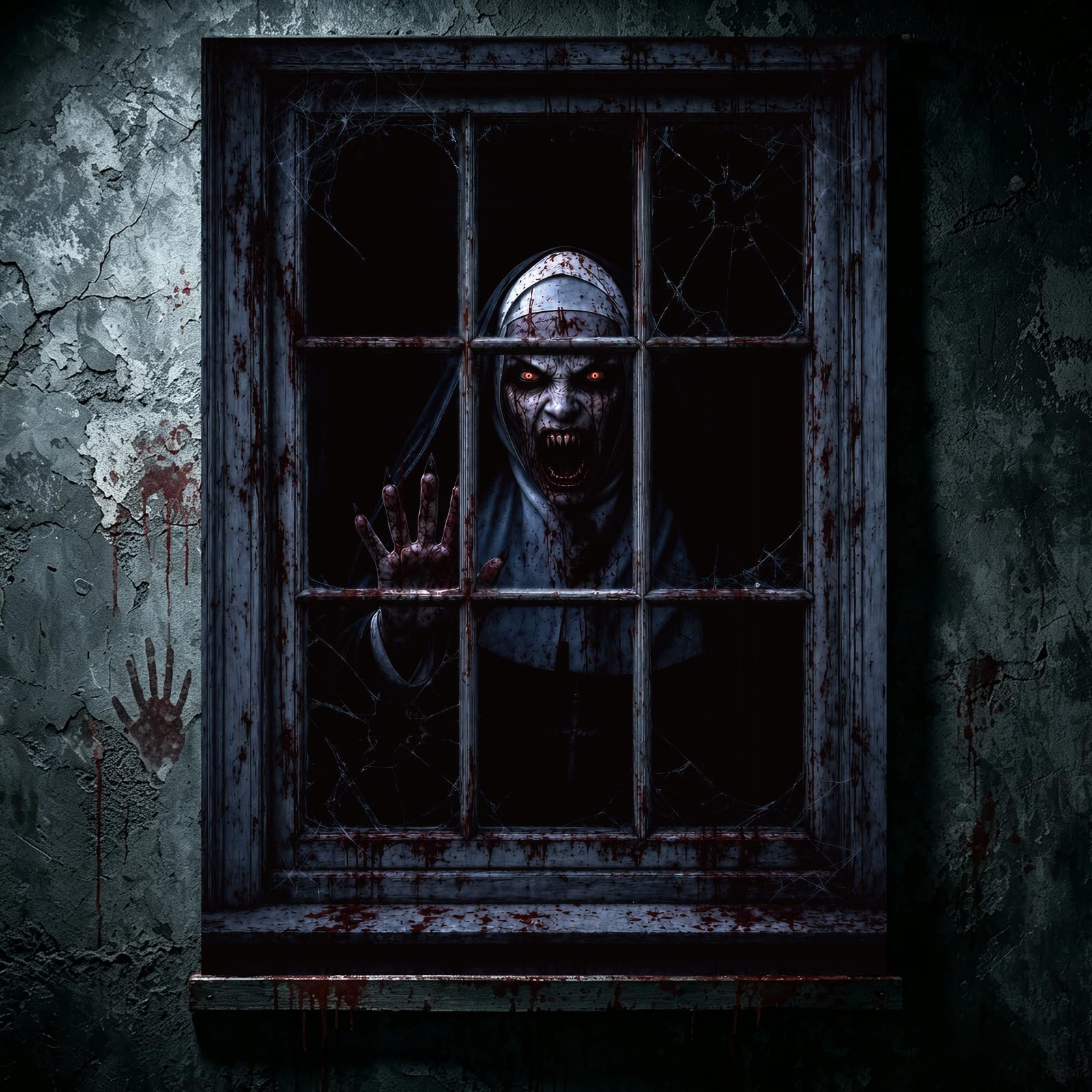 Halloween Nun Window Backdrop Decor - Fright Night Decoration Horror Prop