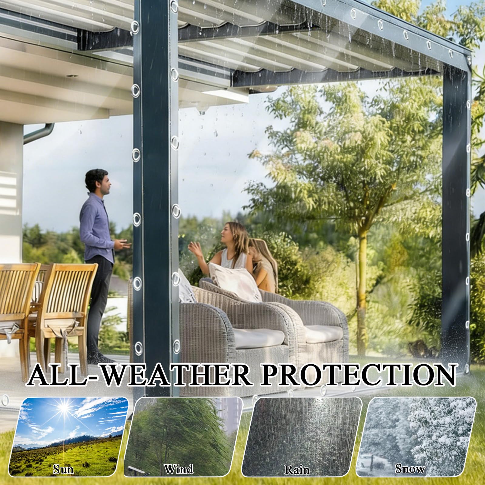 Lona Transparente Impermeable Exterior, 0,3 mm PVC Toldo con Ojales Protección UV Resistente a Desgarros para Terraza Pérgola Jardín Camping Piscina Muebles Plantas, con Cuerdas(1.5x3m)