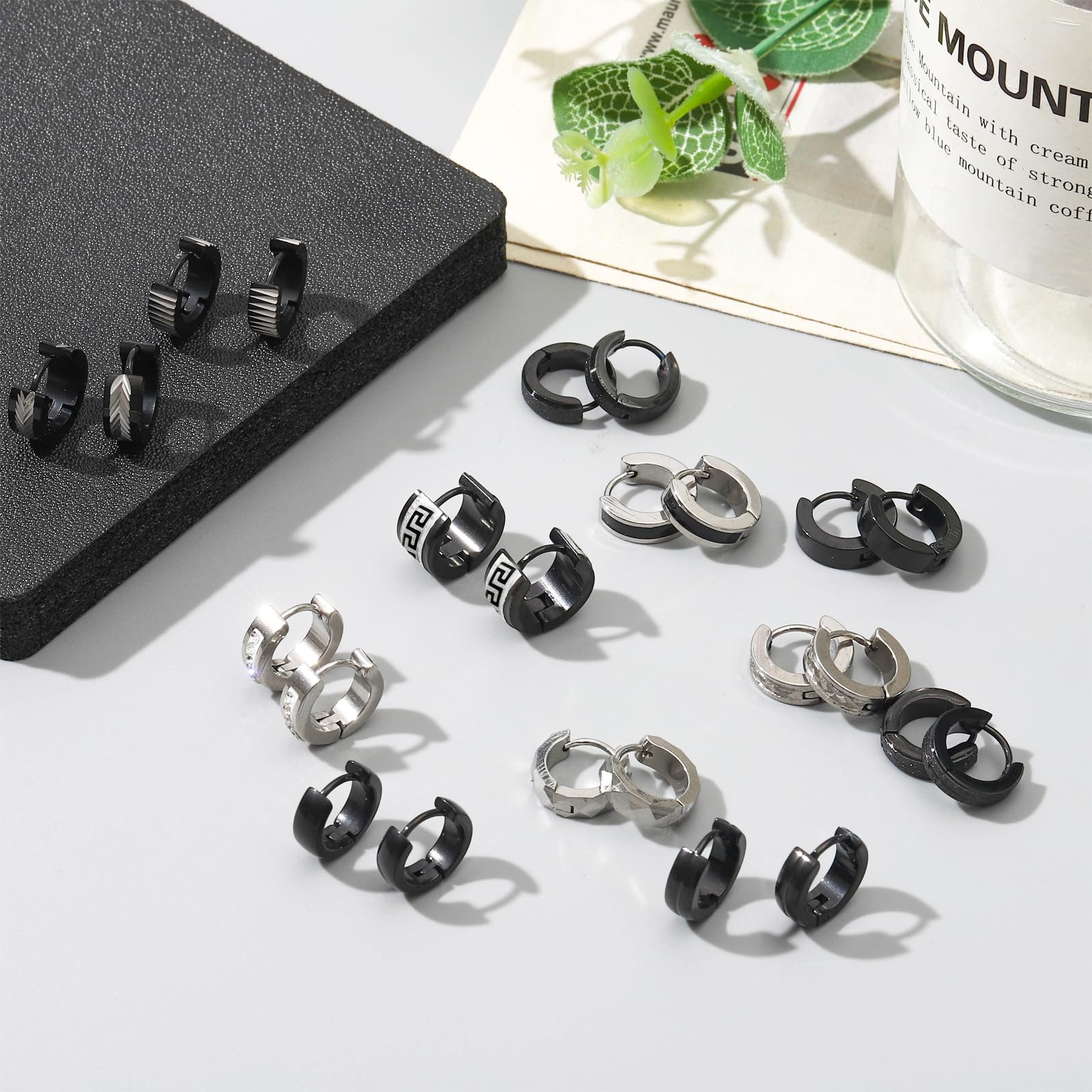 12 Pairs Stainless Steel Hoop Earrings for Men Hypoallergenic Earring Unisex Earring Black Silver Hoop Earrings for Women Men