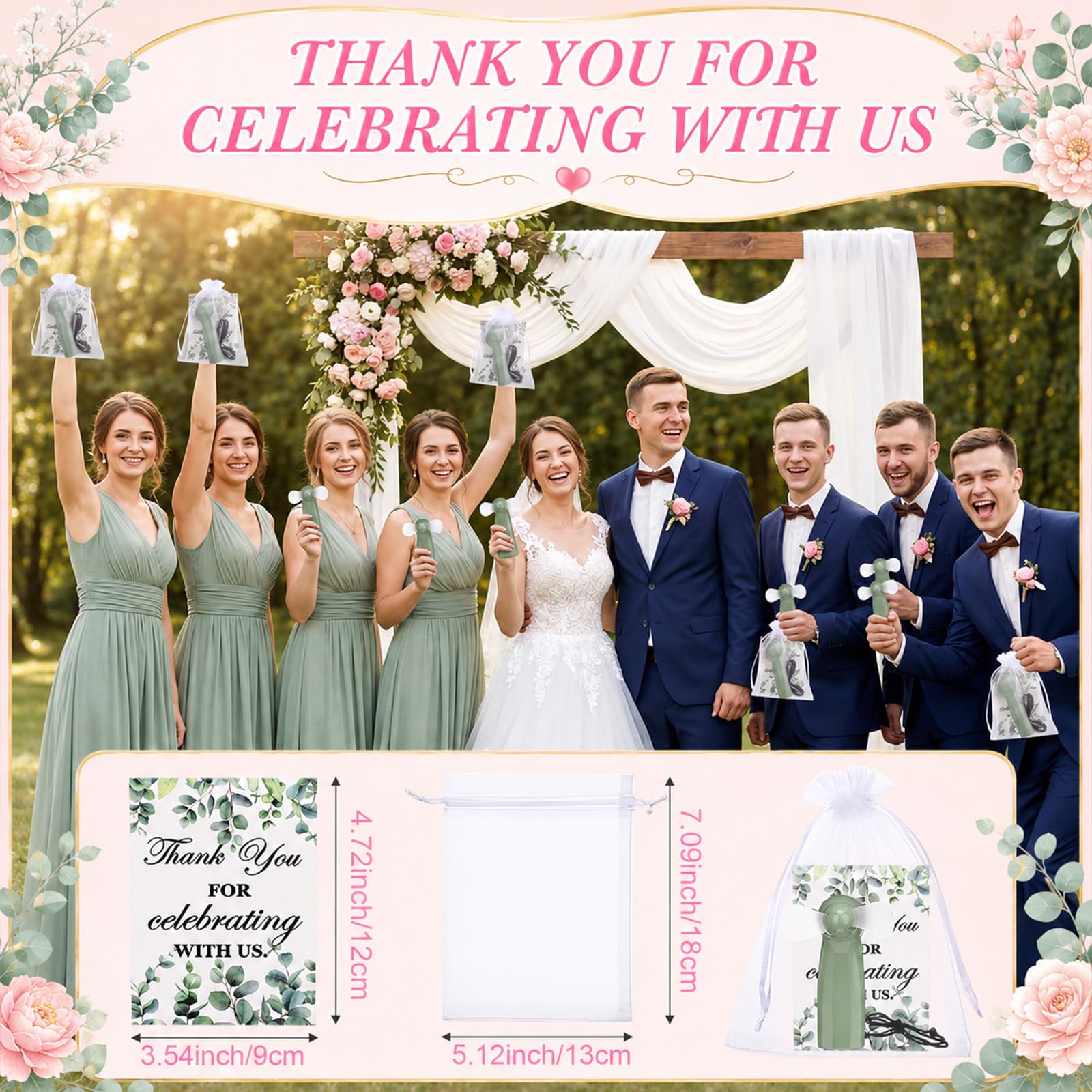 Fumete 24 Sets Hochzeitsfächer für Gäste, Großpackung, Mini-Ventilator, Handventilator, Hochzeit, tragbarer Ventilator mit Dankeskarte, Geschenktüten, batteriebetrieben, kleine persönliche Fächer für