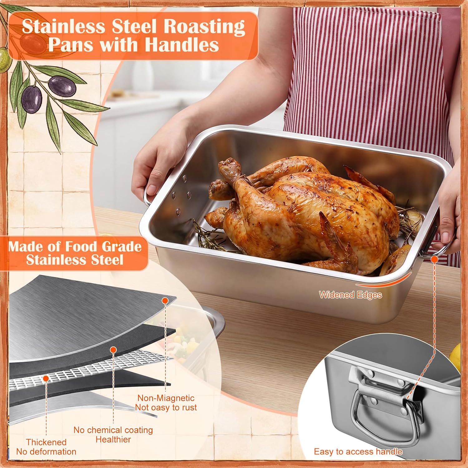 Domensi 2 Pcs 4'' Deep Stainless Steel Lasagna ‌Pan 14.2 Inch 15.7 Inch Large Roasting Pan with Handles Nonstick Rectangle Baking Dish Oven Roaster for Turkey Chicken Roasts Family Kitchen, Silver