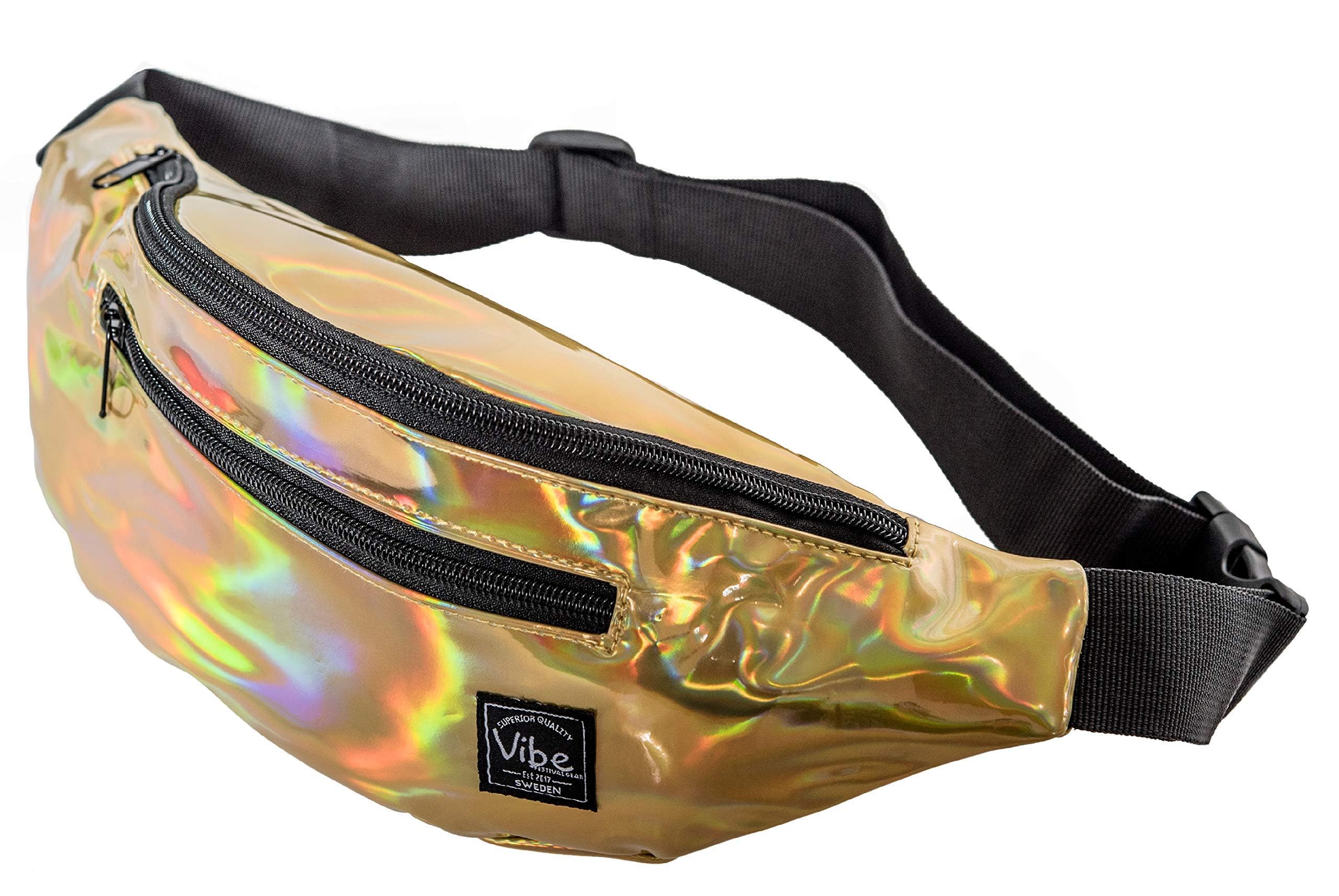 Vibe Festival GearFanny Pack for Men Women - Many Prints - Black Holographic Silver Gold Cute Waist Bag for Festival Rave Hiking Running Cycling
