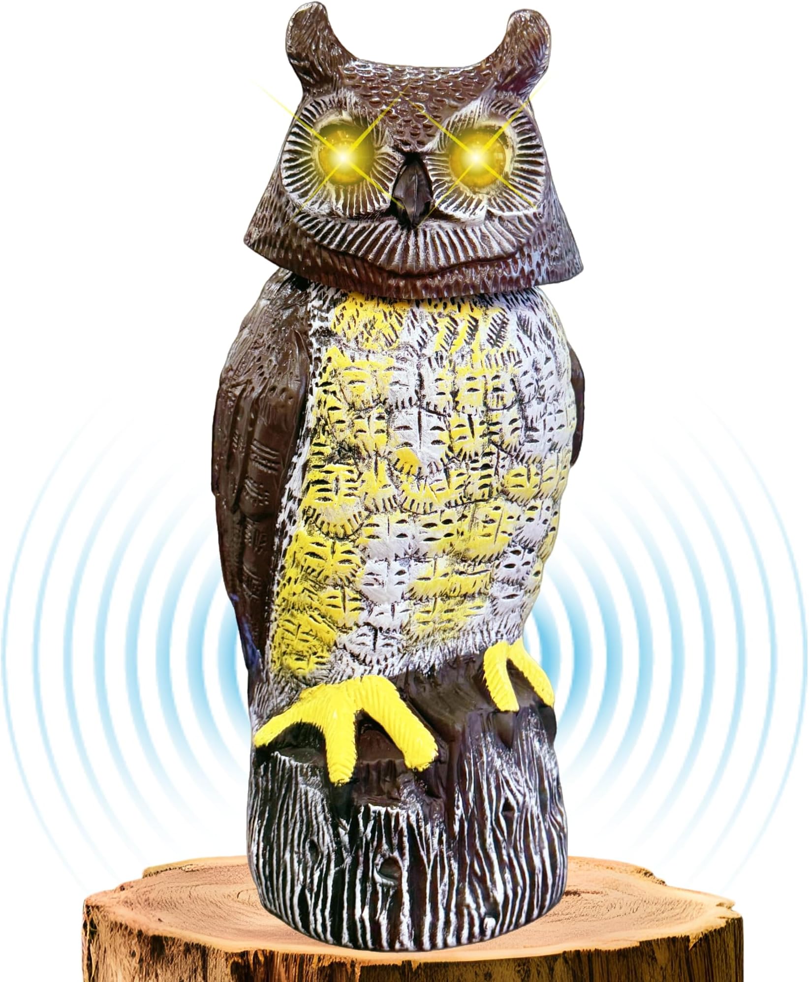 Solar Powered Owl with Motion Detection, Silent Mode, Flashing Eyes, Rotatable Head and Realistic Hoots, Plastic Owl Decoration for Home, Garden, Patio and Fence
