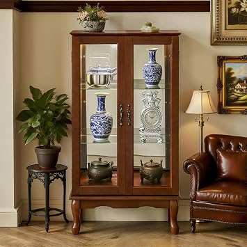 Lighted Curio Cabinet with Adjustable Glass Shelves, Mirrored Back Panel & Tempered Glass Doors Vintage 3-Tier Accent Display Cabinet for Home Office,Walnut