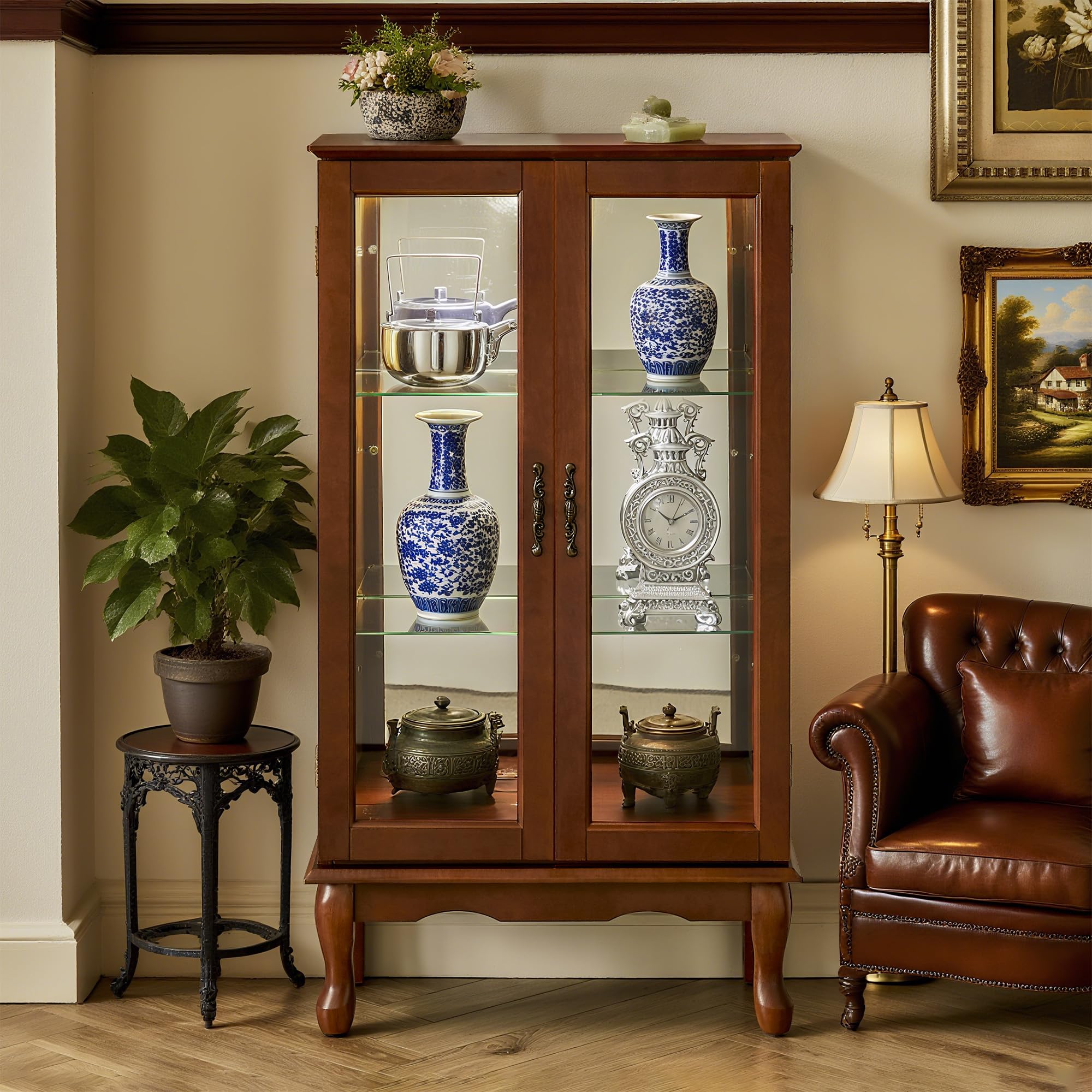 Lighted Curio Cabinet with Adjustable Glass Shelves, Mirrored Back Panel & Tempered Glass Doors, Walnut