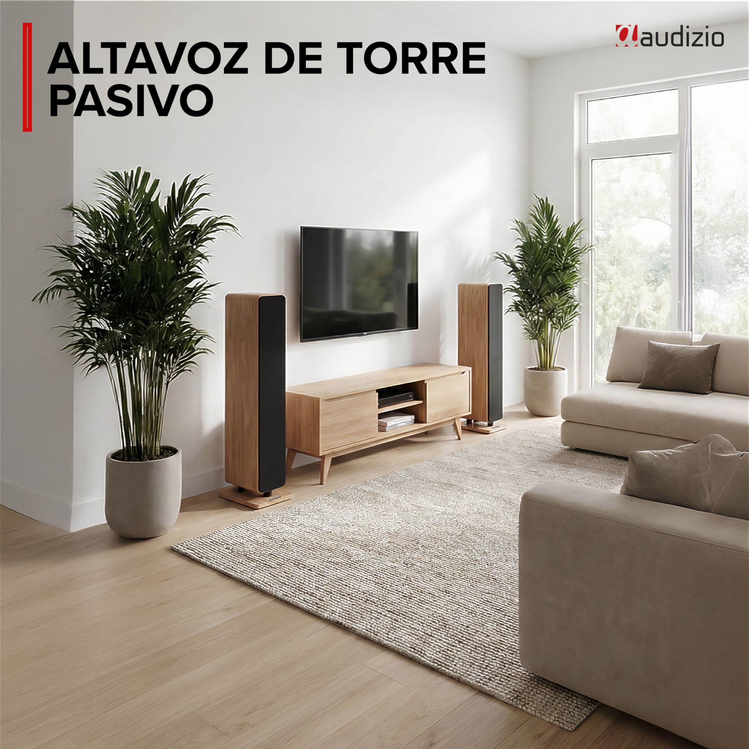 Audizio Arco – Pack de 2 Unidades – Altavoz de Torre pasivo HiFi de 160W, 3 woofers de 4" + Tweeter 1", Frontal extraíble, Ideal Alta fidelidad, Home Cinema y Tocadiscos, con Acabado en Madera Clara