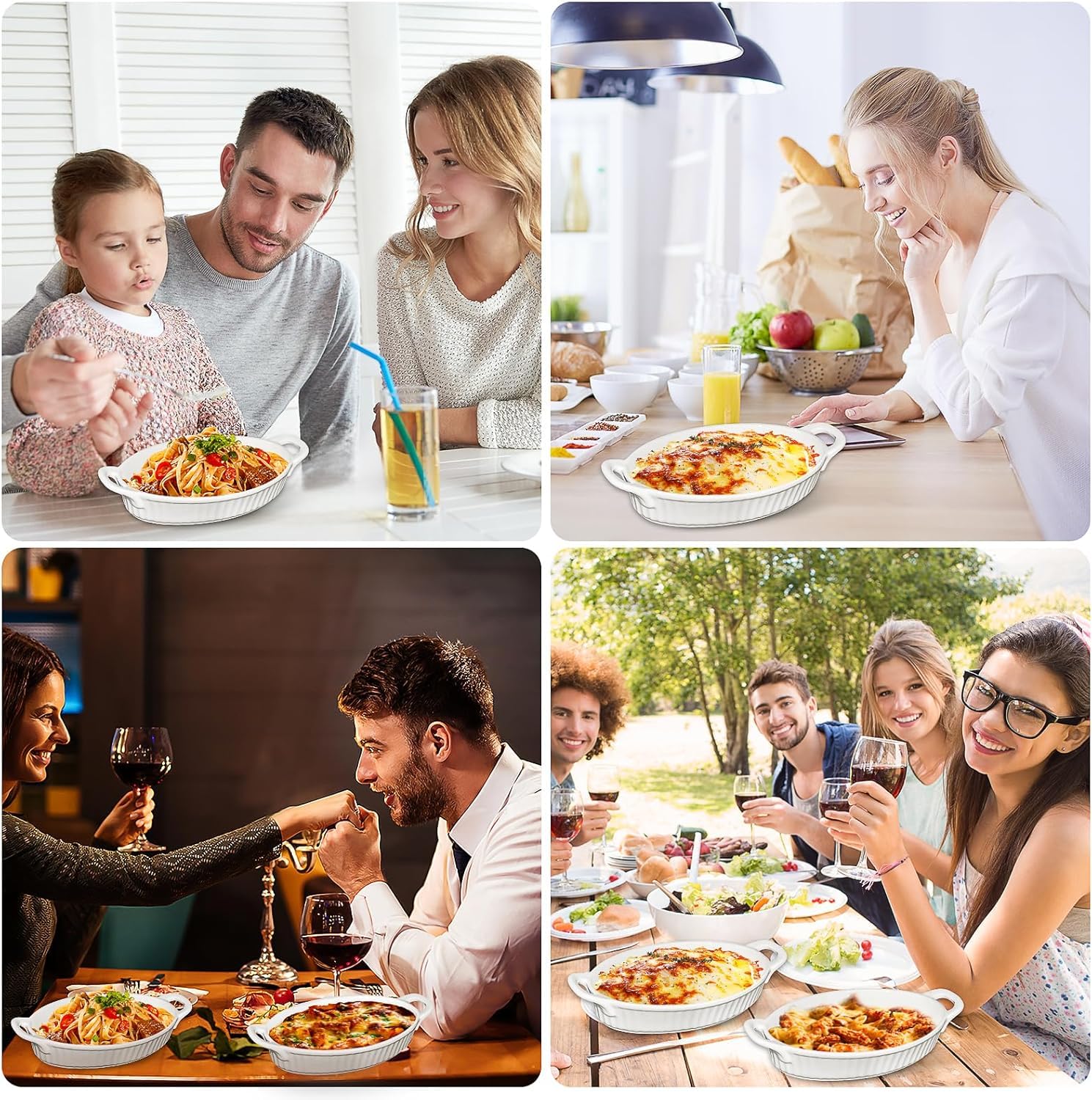 Lot de 6 Plats à Four Ovales en Céramique, 24 cm, Petits Plats à Lasagnes avec Poignées, Plat en Porcelaine Résistant à la Chaleur pour Gratin, Tapas, Hachis Parmentier et Rôtis, Blanc