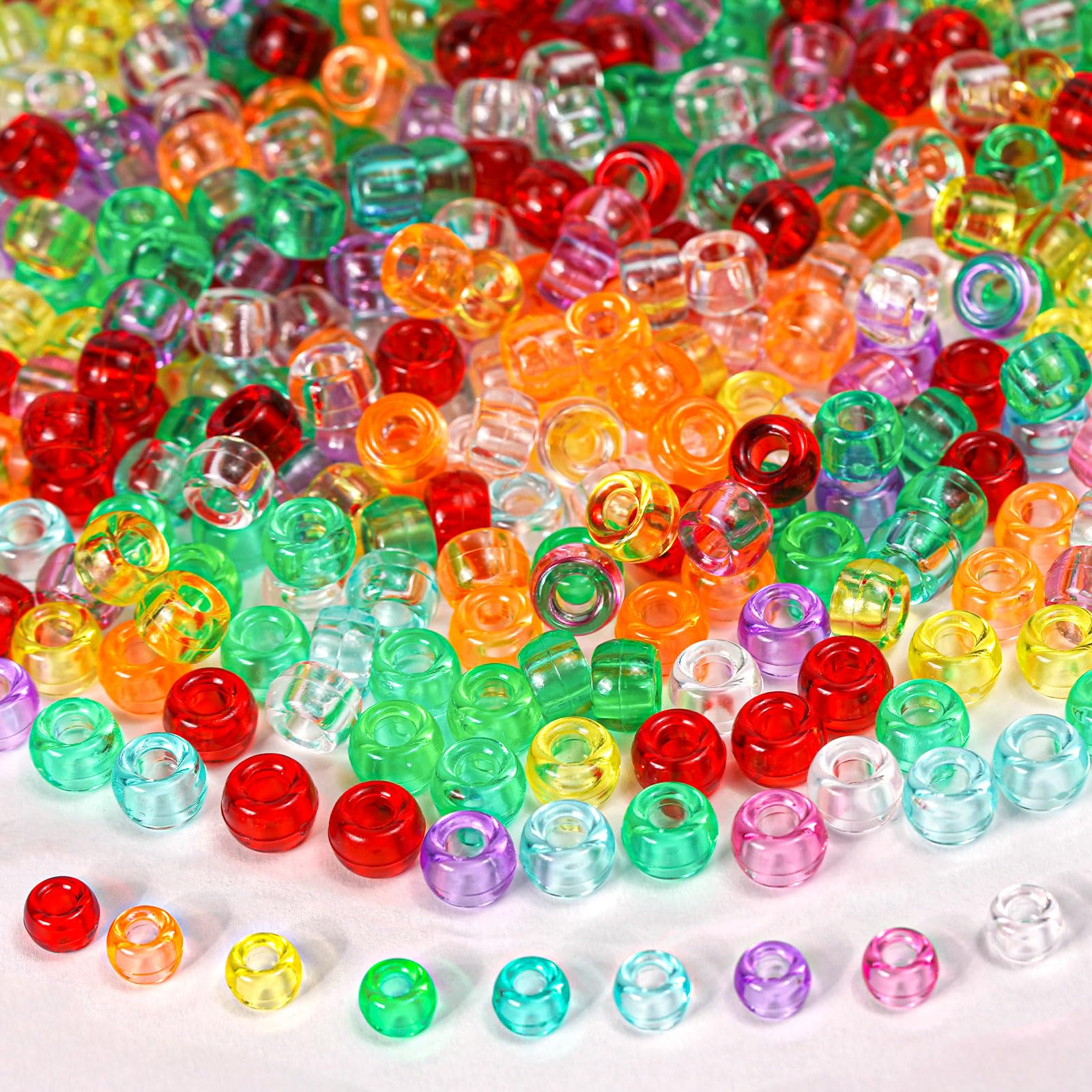 100Pieces Clear Pony Beads Bulk, 9 Colors 6x9mm Transparent Acrylic Bead Large Plastic Kandi Beads for Bracelets Big Hole Hair Braids Jewelry Making Crafts DIY Projects