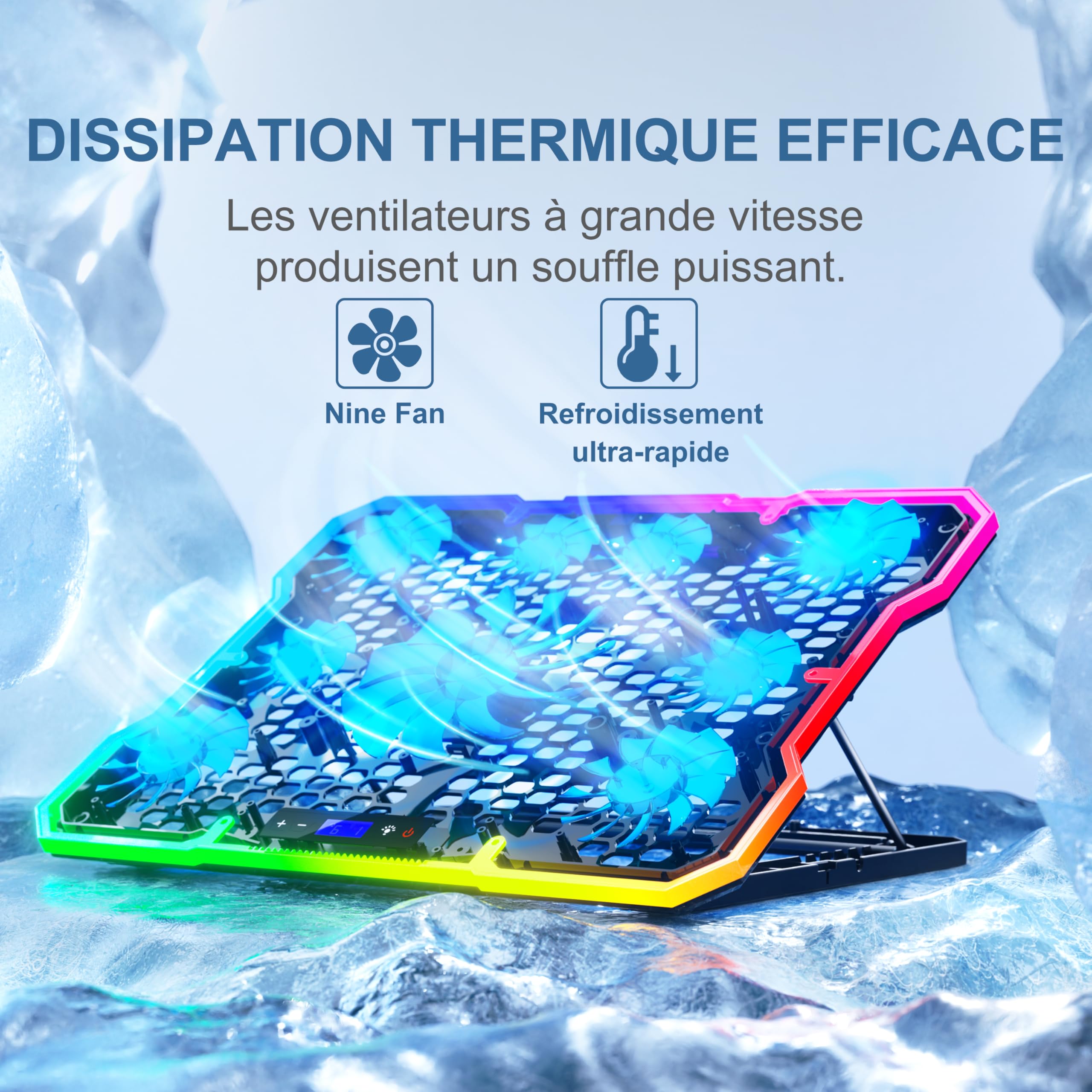 Support Refroidisseur pour Ordinateur Portable 6 Vitesses Réglables | avec 9 Ventilateurs Silencieux Compatible 14-19 Pouces, 10 Modes D'éclairage RVB, 2 Ports USB Et Support pour Téléphone