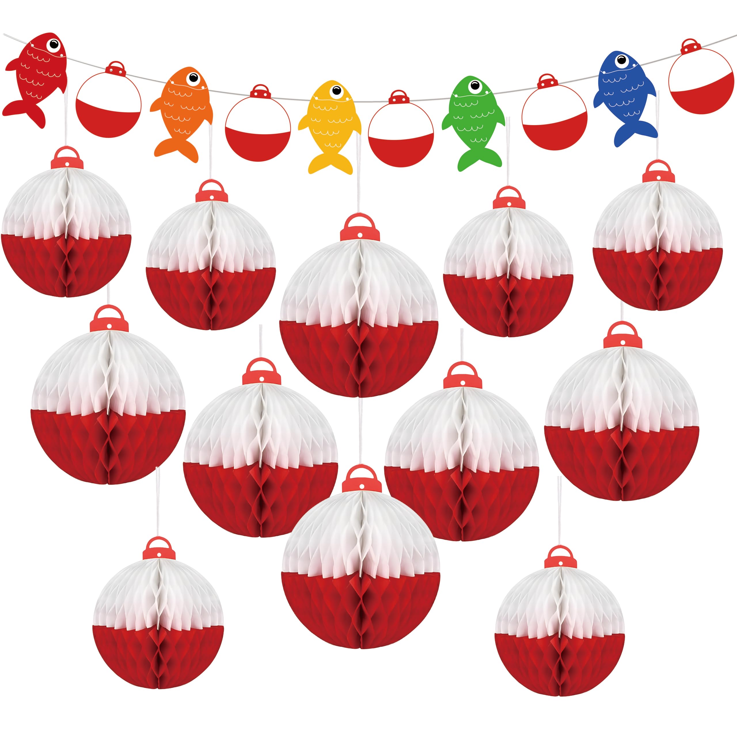 13Pcs Gone Fishing Paper Honeycomb Ball & Fish Banners Party Decorations for Under-The-Sea/Summer/Mermaid/Luau/Hawaiian/Ocean/Birthday Decor Supplies