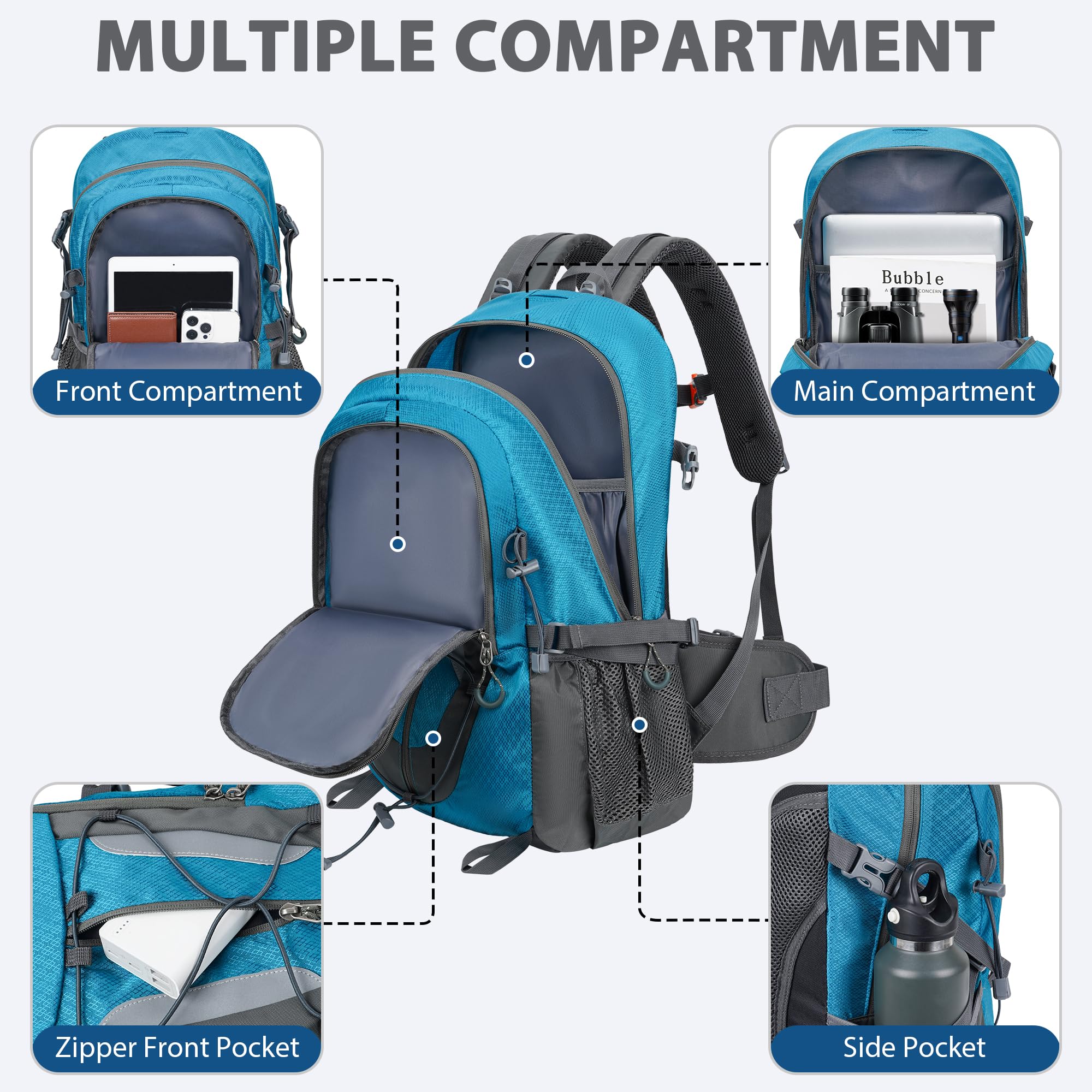Mochila de senderismo de 30 L, ligera, mochila de viaje para hombres y mujeres, para acampar al aire libre, mochilero, Azul, Mochilas de viaje 5